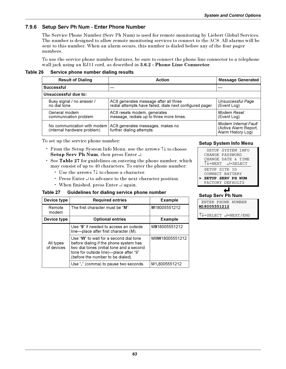 Emerson AC8 Setup Serv Ph Num Enter Phone Number, Service phone number dialing results, Setup Serv PH NUM Factory Defaults 