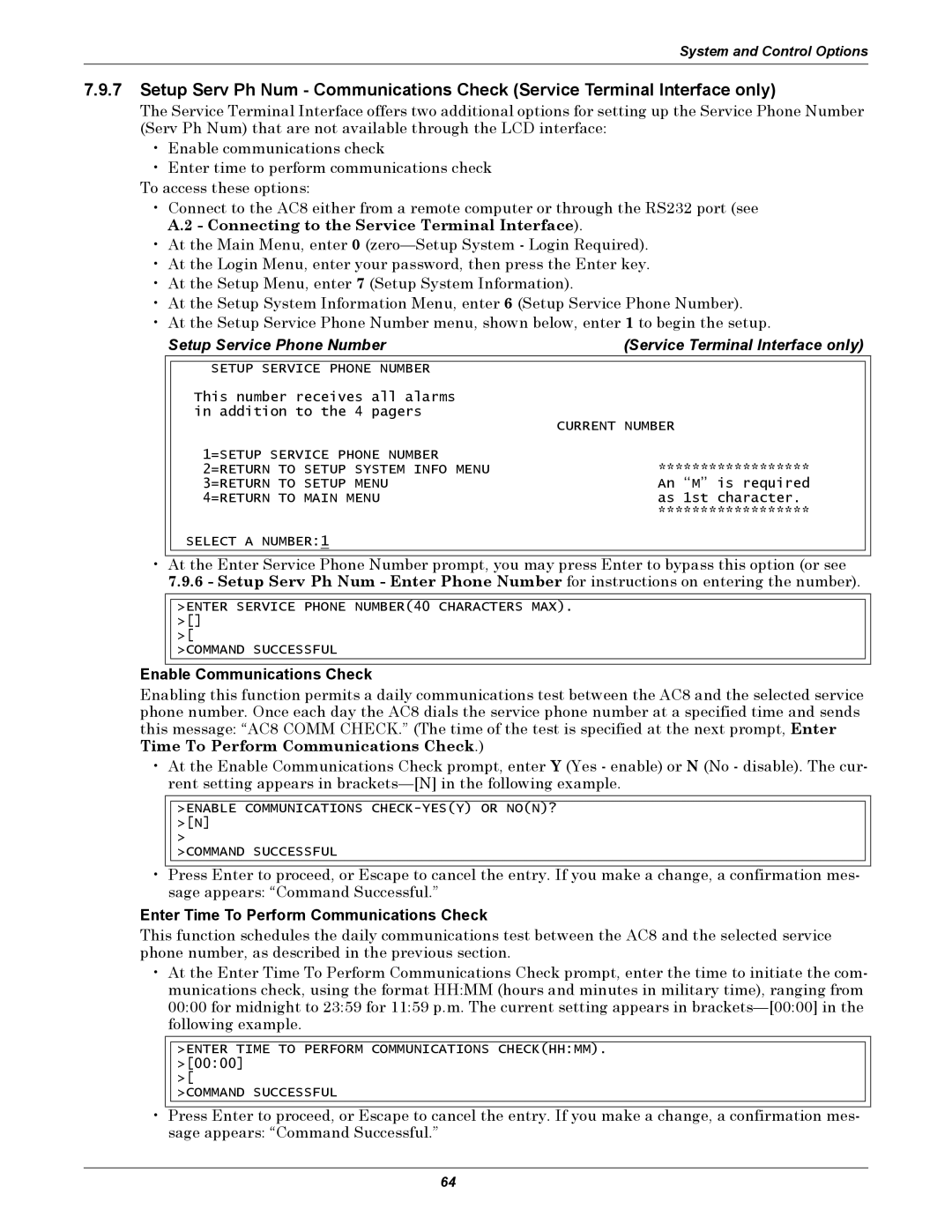 Emerson AC8 user manual Setup Service Phone Number Service Terminal Interface only, Enable Communications Check 