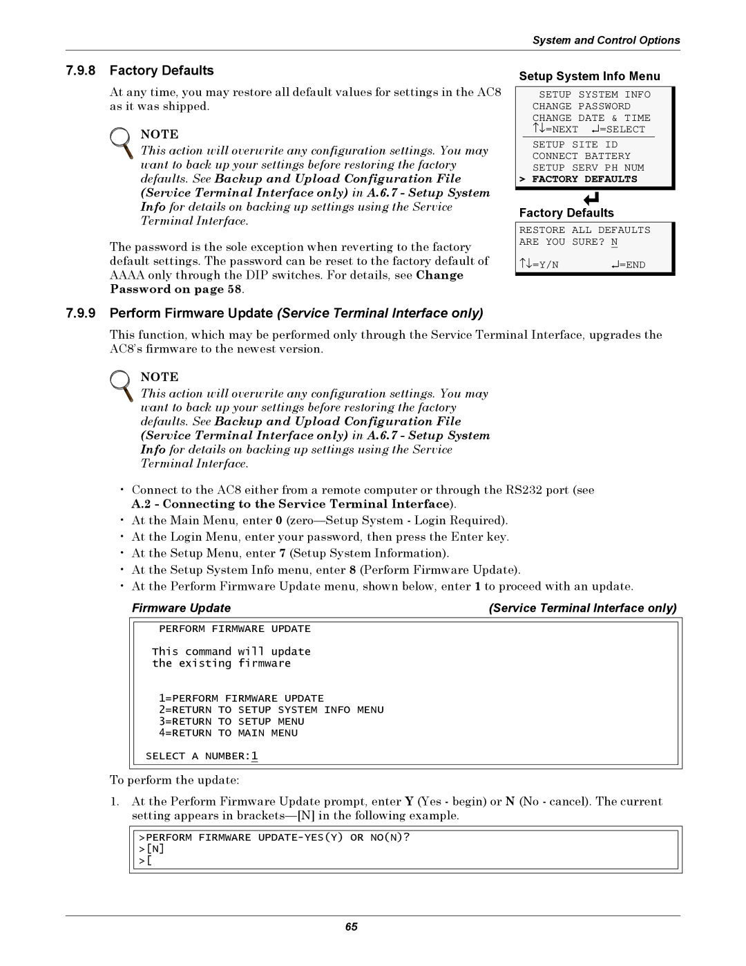 Emerson AC8 user manual Factory Defaults, Firmware Update Service Terminal Interface only 