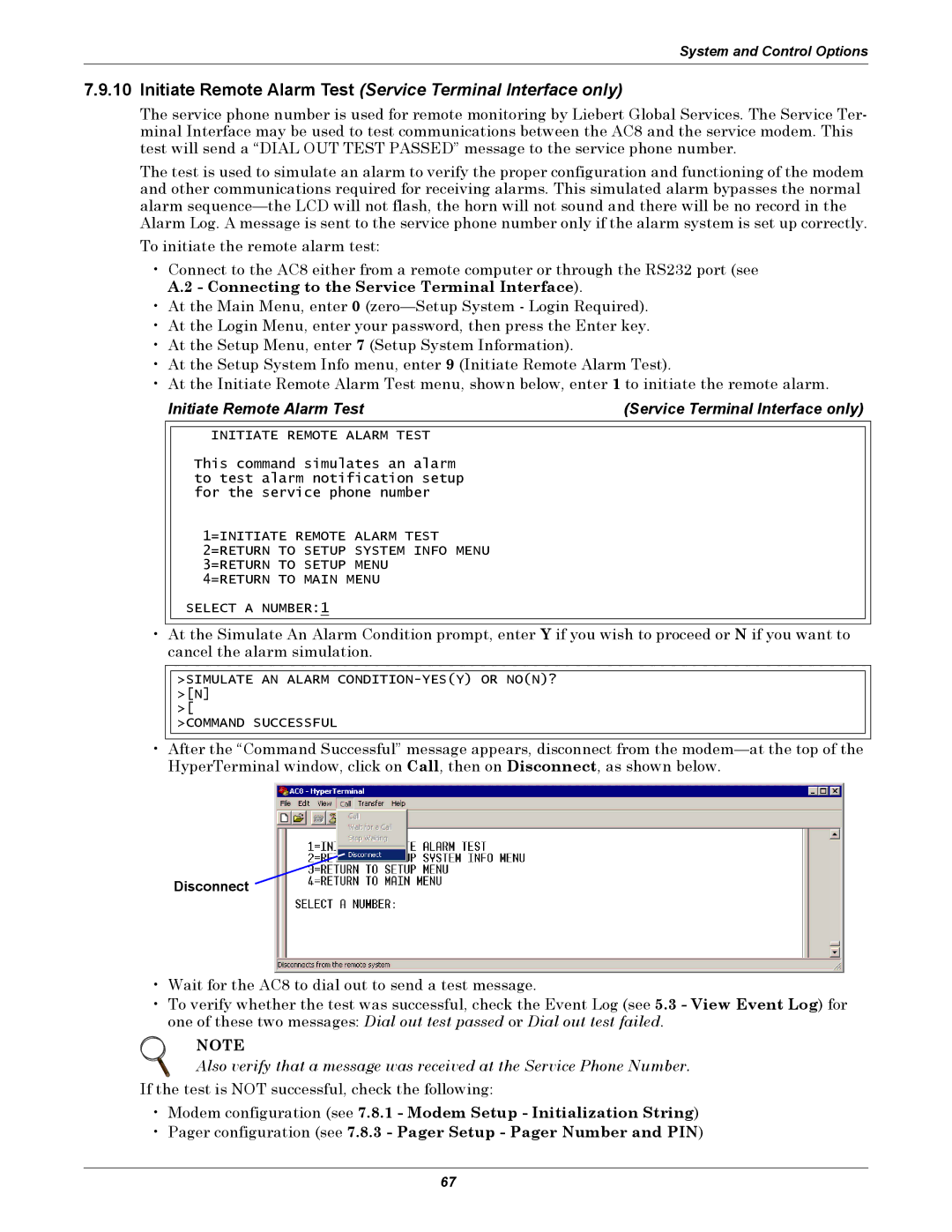 Emerson AC8 user manual Initiate Remote Alarm Test Service Terminal Interface only, Disconnect 