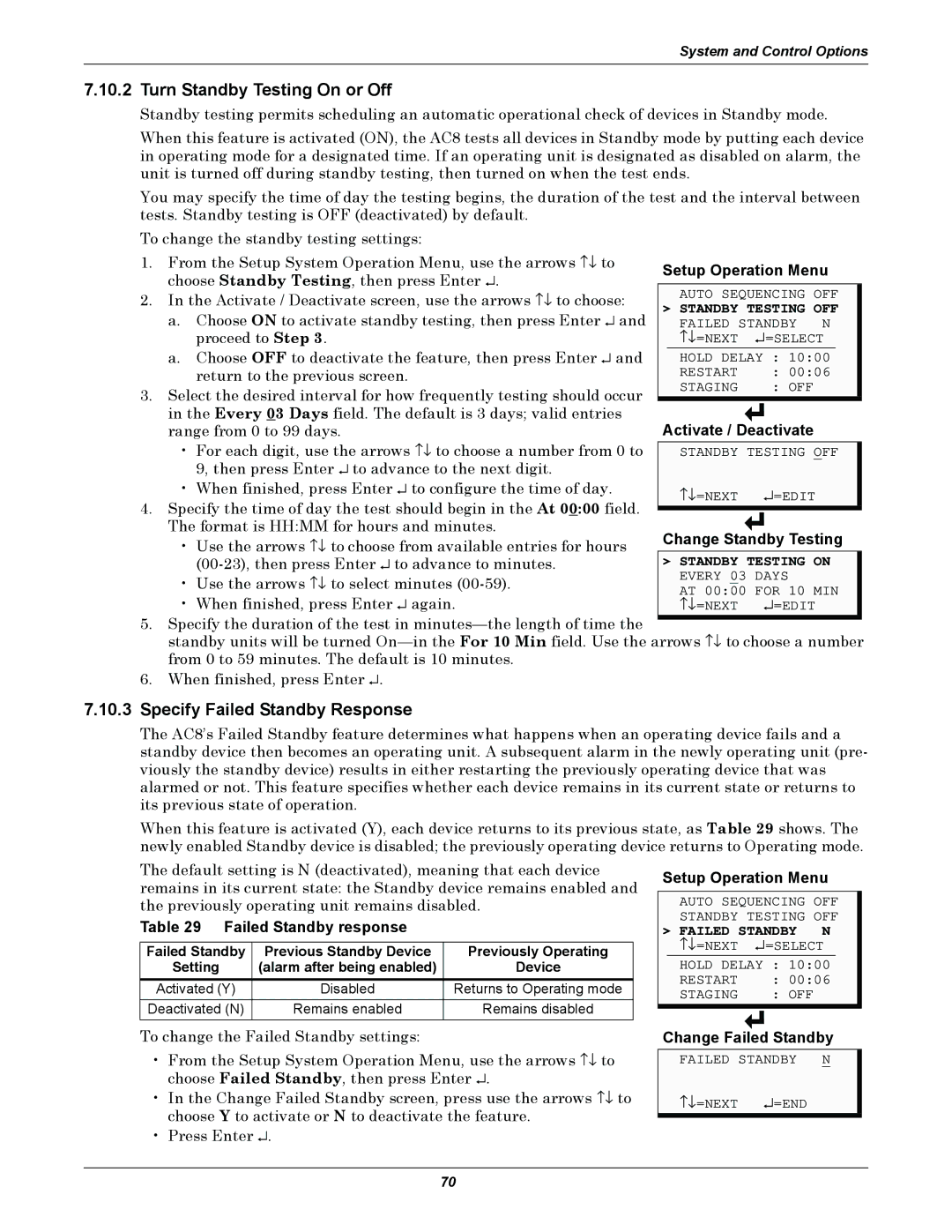 Emerson AC8 Turn Standby Testing On or Off, Specify Failed Standby Response, Change Standby Testing, Change Failed Standby 