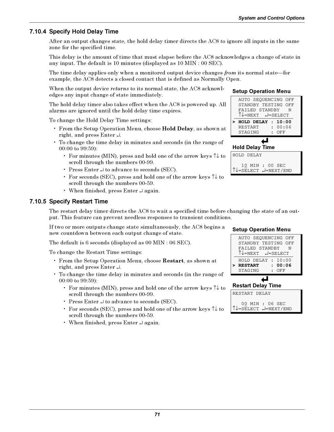 Emerson AC8 user manual Specify Hold Delay Time, Specify Restart Time, Restart Delay Time 