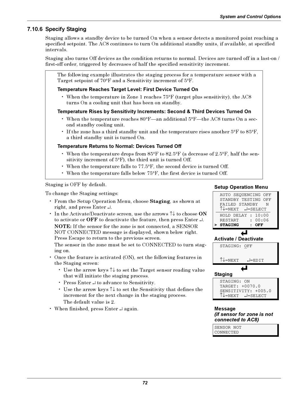 Emerson user manual Specify Staging, If sensor for zone is not connected to AC8 