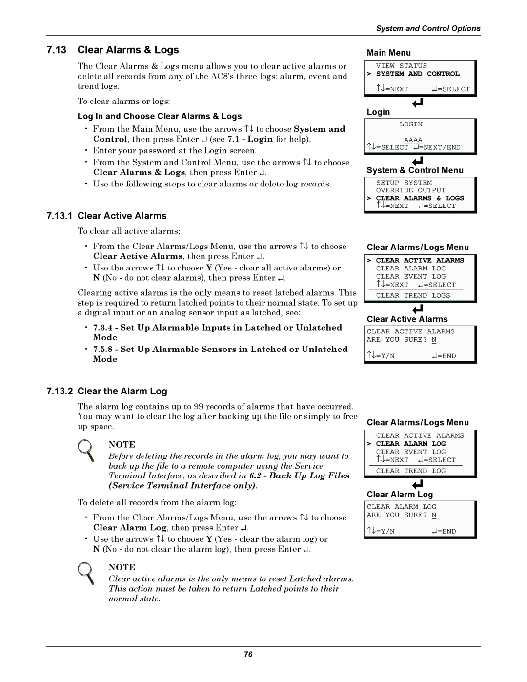 Emerson AC8 user manual Clear Alarms & Logs, Clear Active Alarms, Clear the Alarm Log 