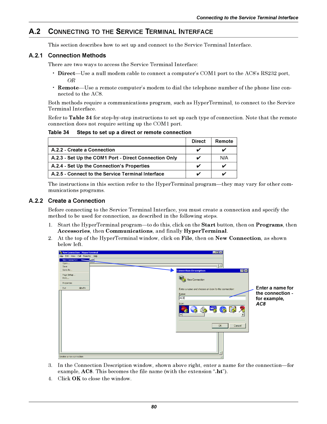 Emerson AC8 user manual Connecting to the Service Terminal Interface, Connection Methods, Create a Connection 