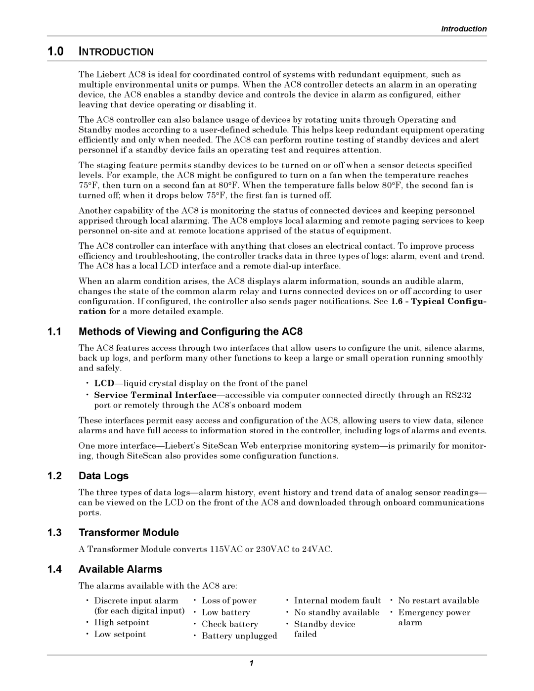 Emerson Methods of Viewing and Configuring the AC8, Data Logs, Transformer Module, Available Alarms, Introduction 