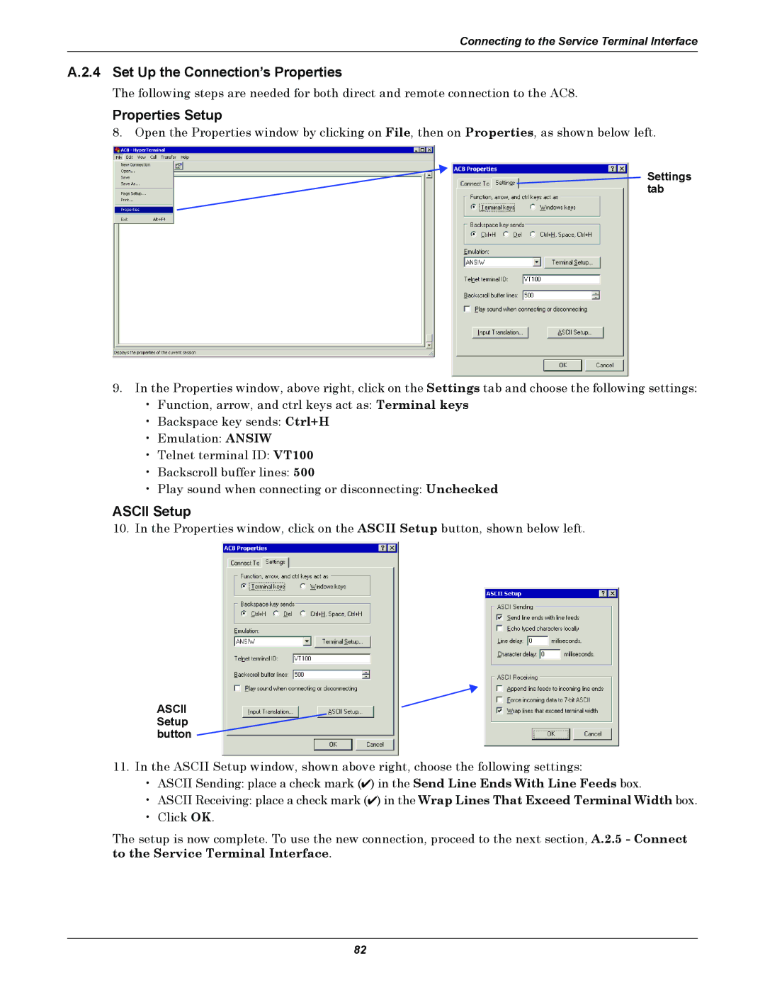 Emerson AC8 user manual Set Up the Connection’s Properties, Properties Setup, Settings tab, Ascii Setup button 