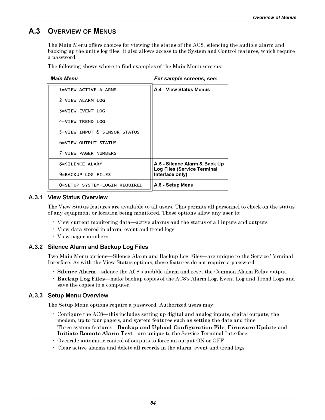 Emerson AC8 user manual View Status Overview, Silence Alarm and Backup Log Files, Setup Menu Overview 