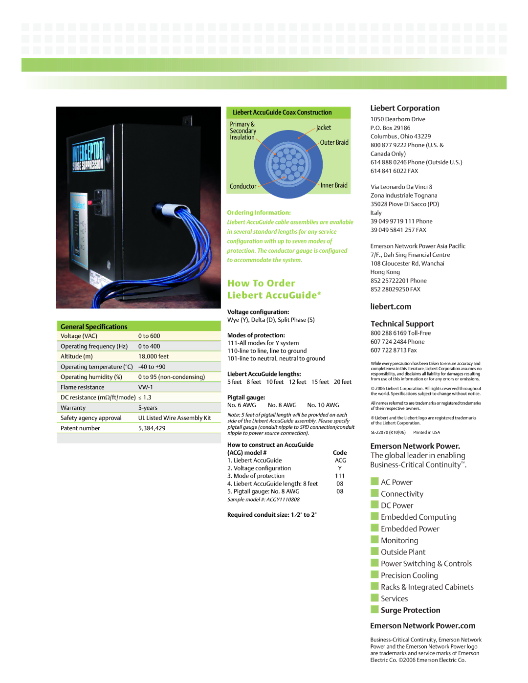 Emerson ACGY1110808 manual Liebert Corporation, Liebert.com Technical Support, Emerson Network Power 