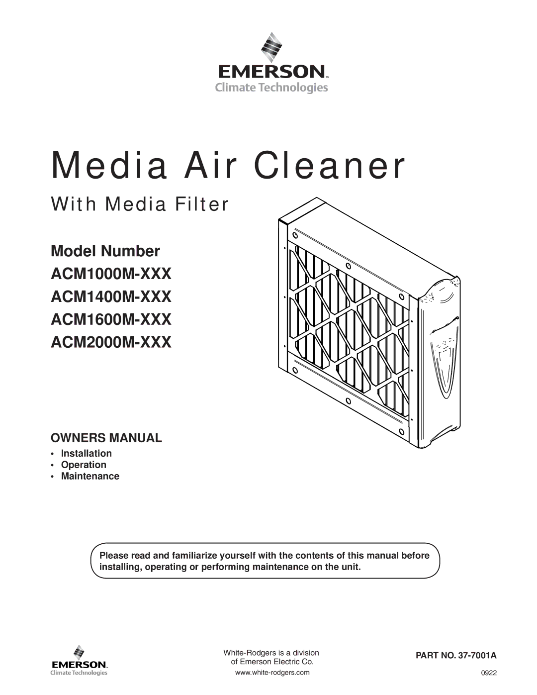 Emerson ACM1400M-XXX, ACM2000M-XXX, ACM1600M-XXX, ACM1000M-XXX owner manual Media Air Cleaner 