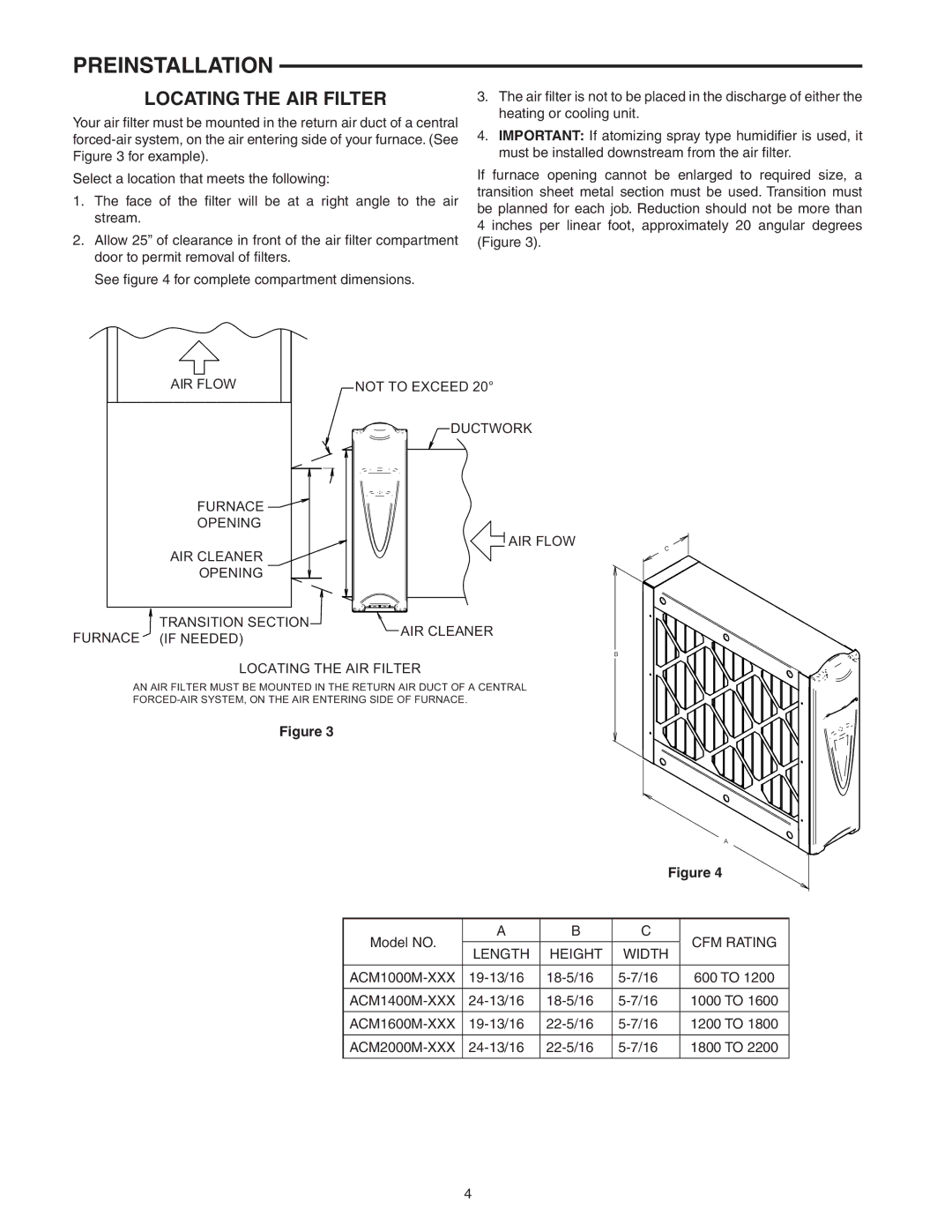 Emerson ACM2000M-XXX, ACM1400M-XXX, ACM1600M-XXX, ACM1000M-XXX owner manual Preinstallation, Locating the AIR Filter 