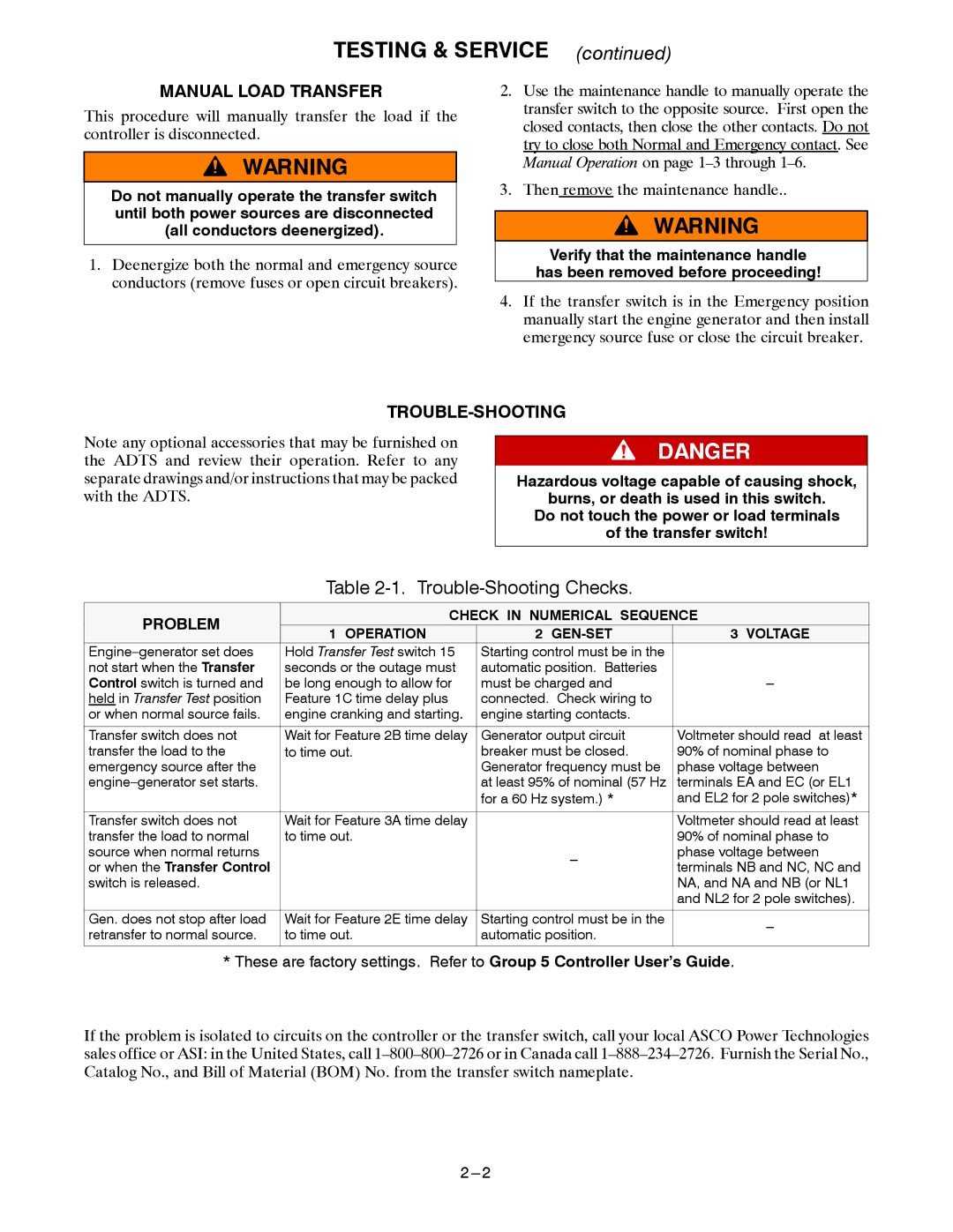 Emerson ADTS manual Testing & Service, Manual Load Transfer, Trouble-Shooting 