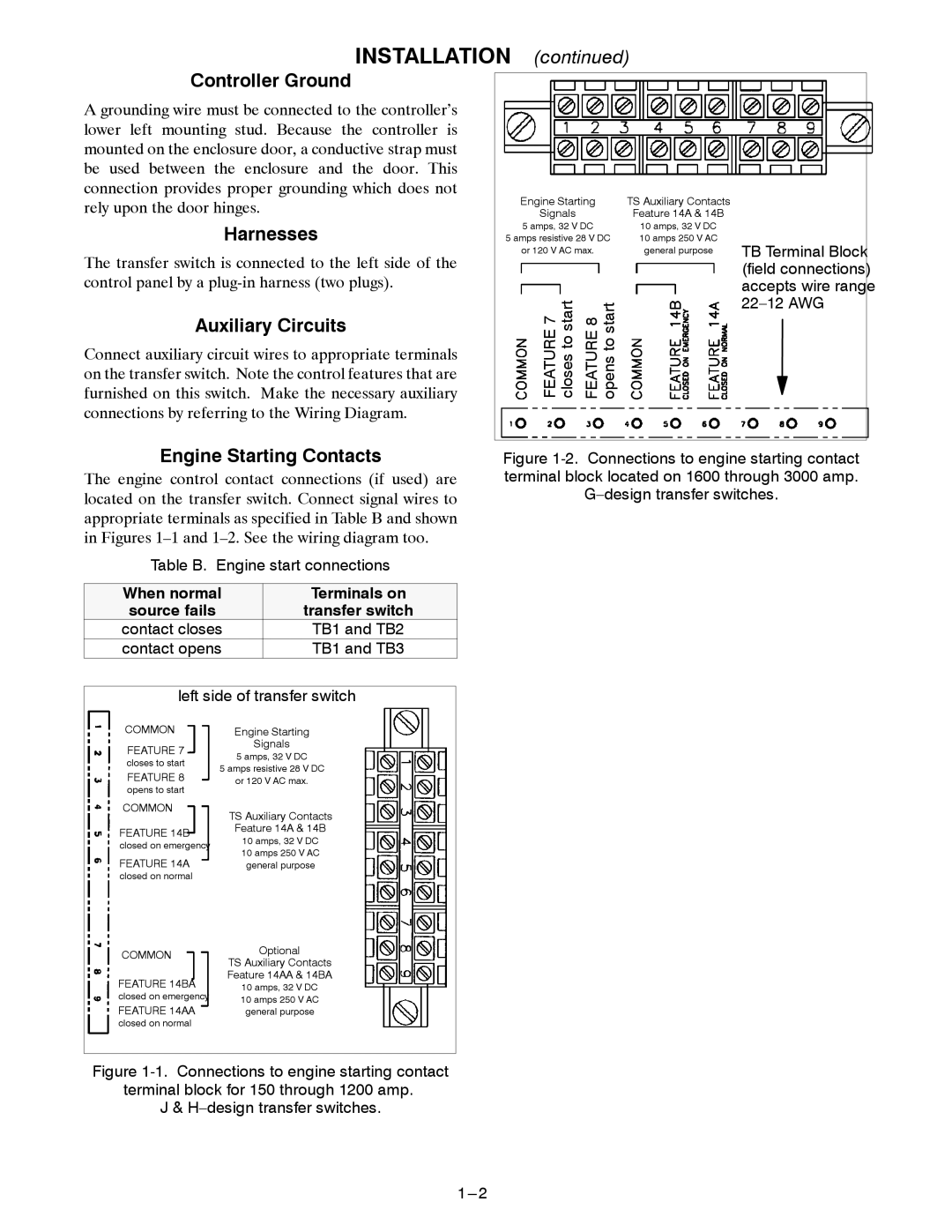 Emerson ADTS manual Installation, Controller Ground, Harnesses, Auxiliary Circuits, Engine Starting Contacts 