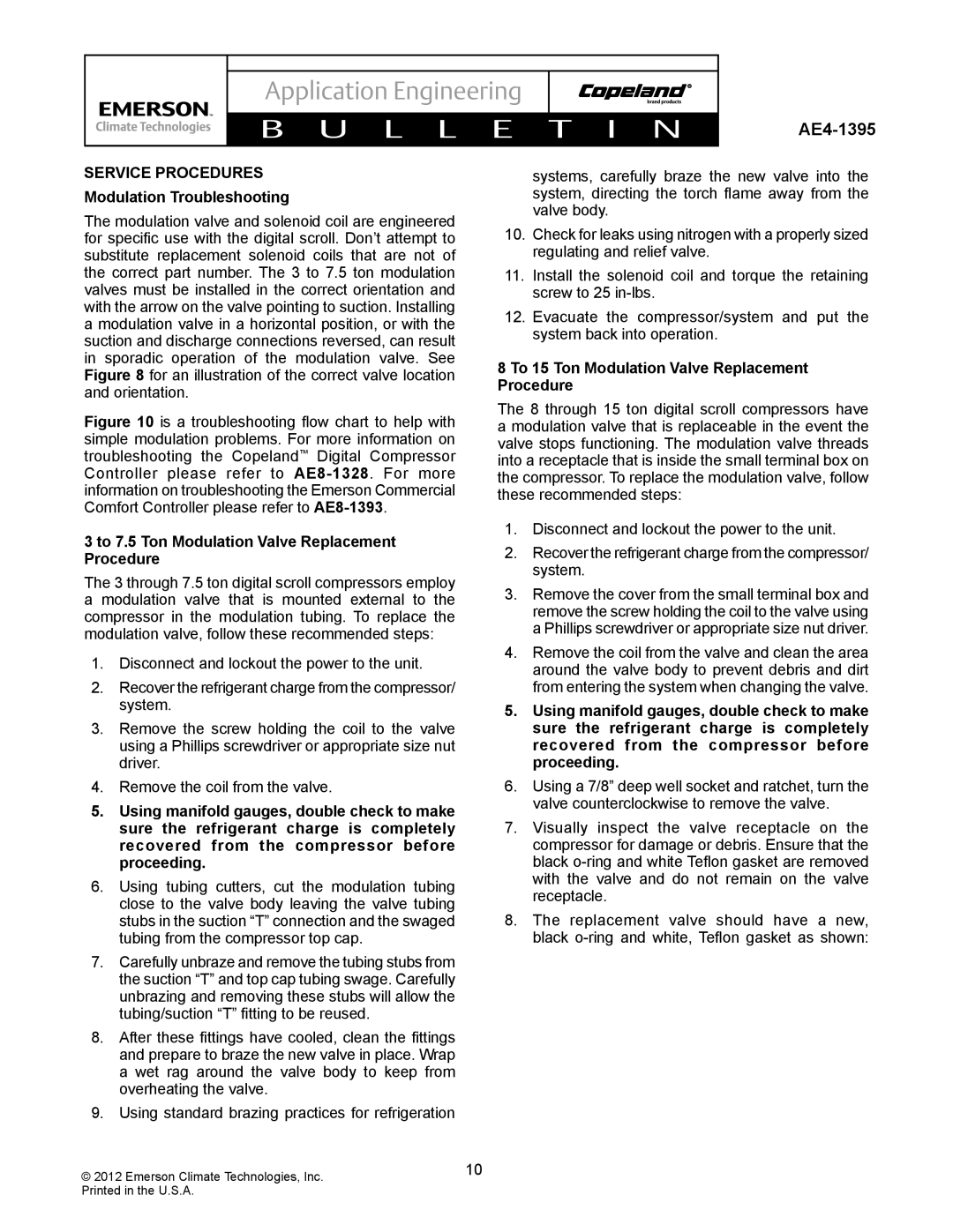 Emerson AE4-1395 manual Service Procedures, Modulation Troubleshooting, To 7.5 Ton Modulation Valve Replacement Procedure 