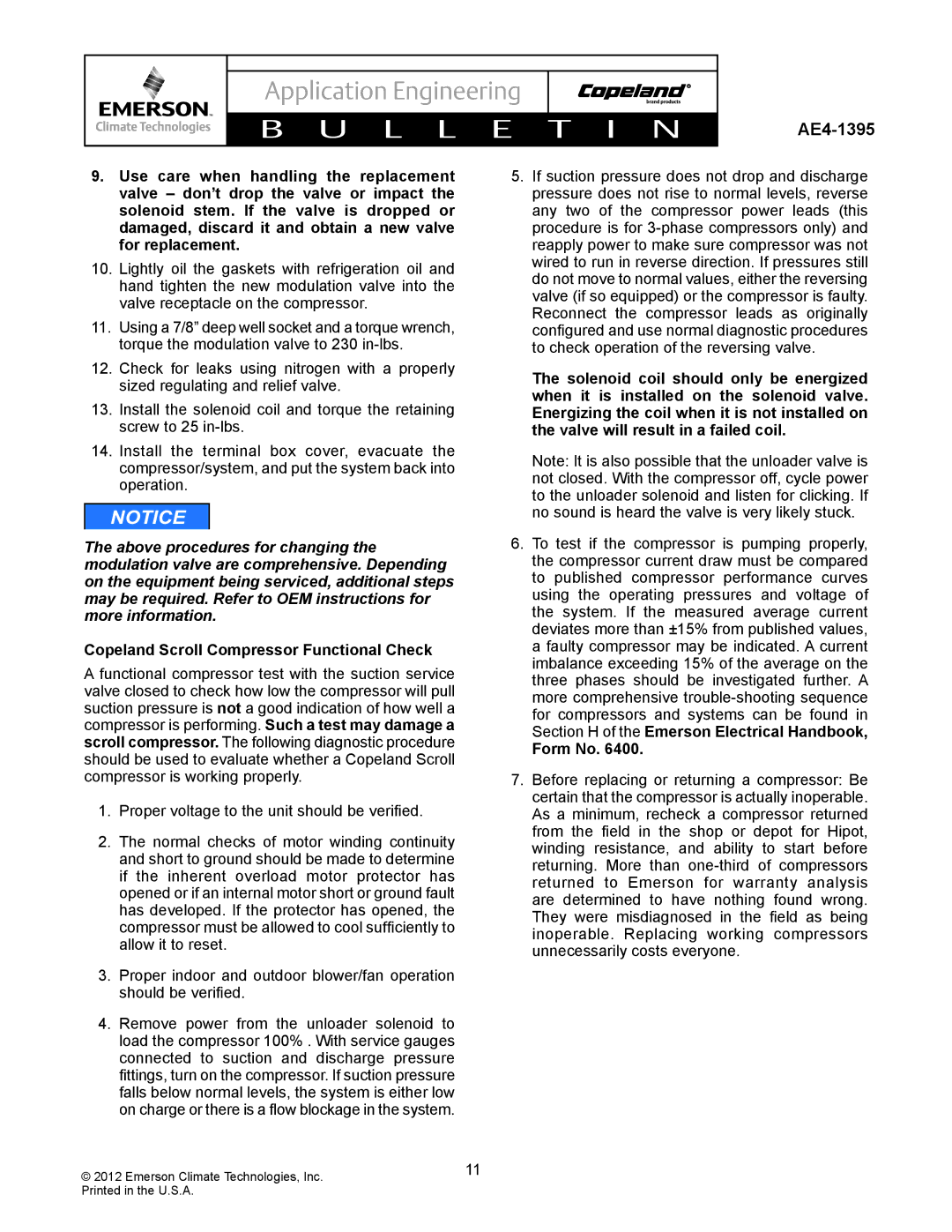 Emerson AE4-1395 manual Copeland Scroll Compressor Functional Check, Form No 