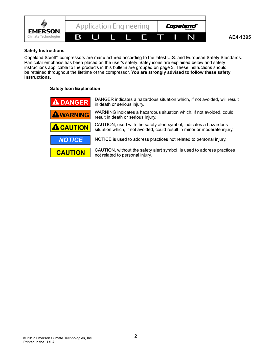 Emerson AE4-1395 manual Safety Instructions, Safety Icon Explanation 