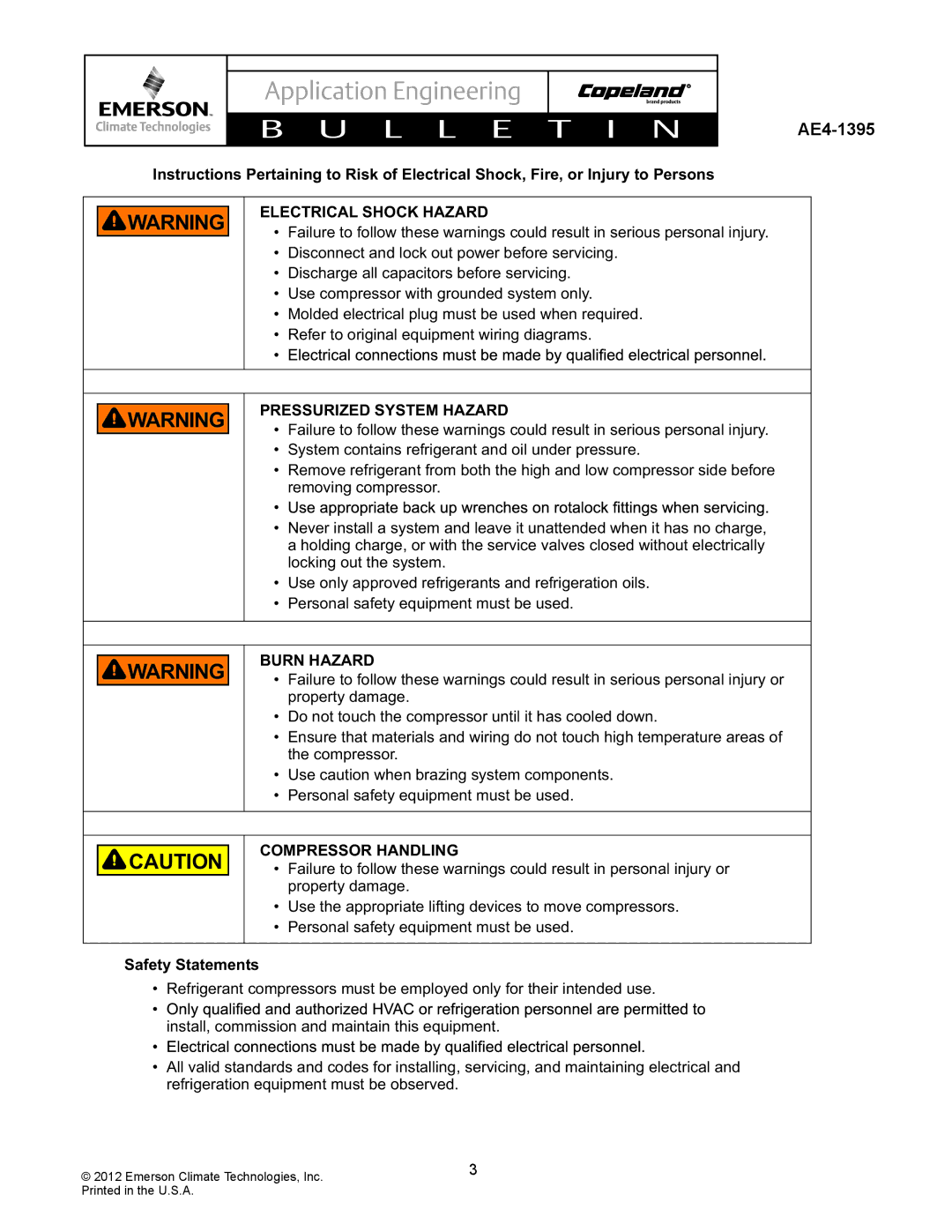 Emerson AE4-1395 Electrical Shock Hazard, Pressurized System Hazard, Burn Hazard, Compressor Handling, Safety Statements 