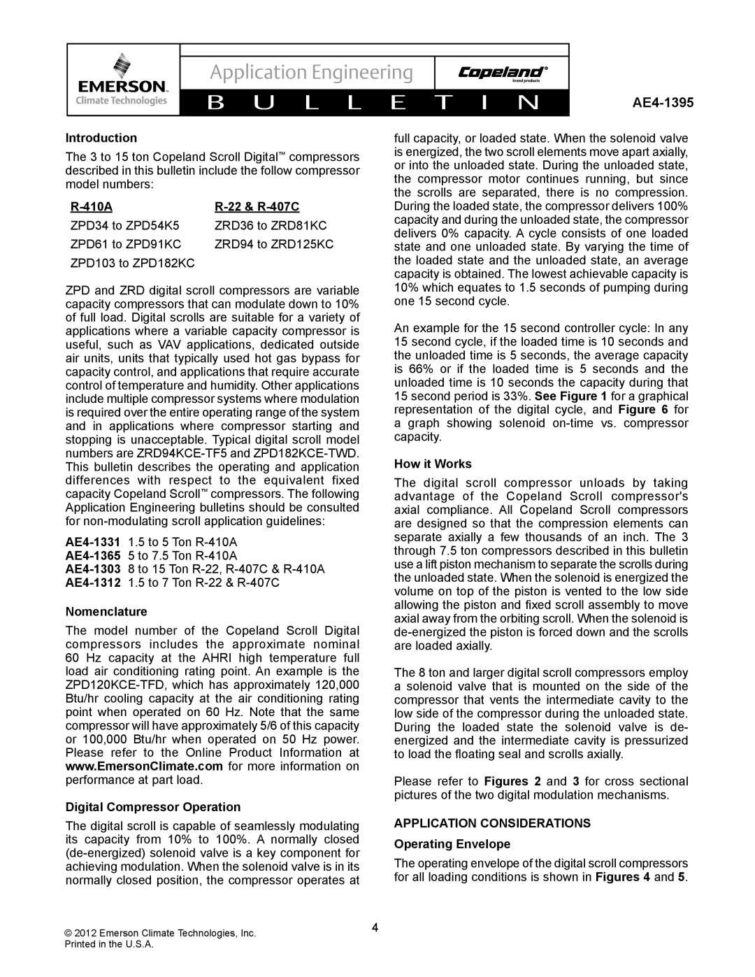 Emerson AE4-1395 410A 22 & R-407C, Nomenclature Digital Compressor Operation, How it Works, Application Considerations 