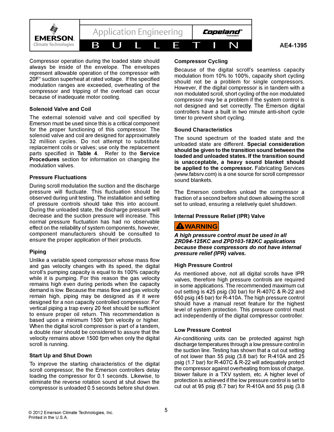 Emerson AE4-1395 manual Solenoid Valve and Coil, Pressure Fluctuations, Piping, Start Up and Shut Down, Compressor Cycling 