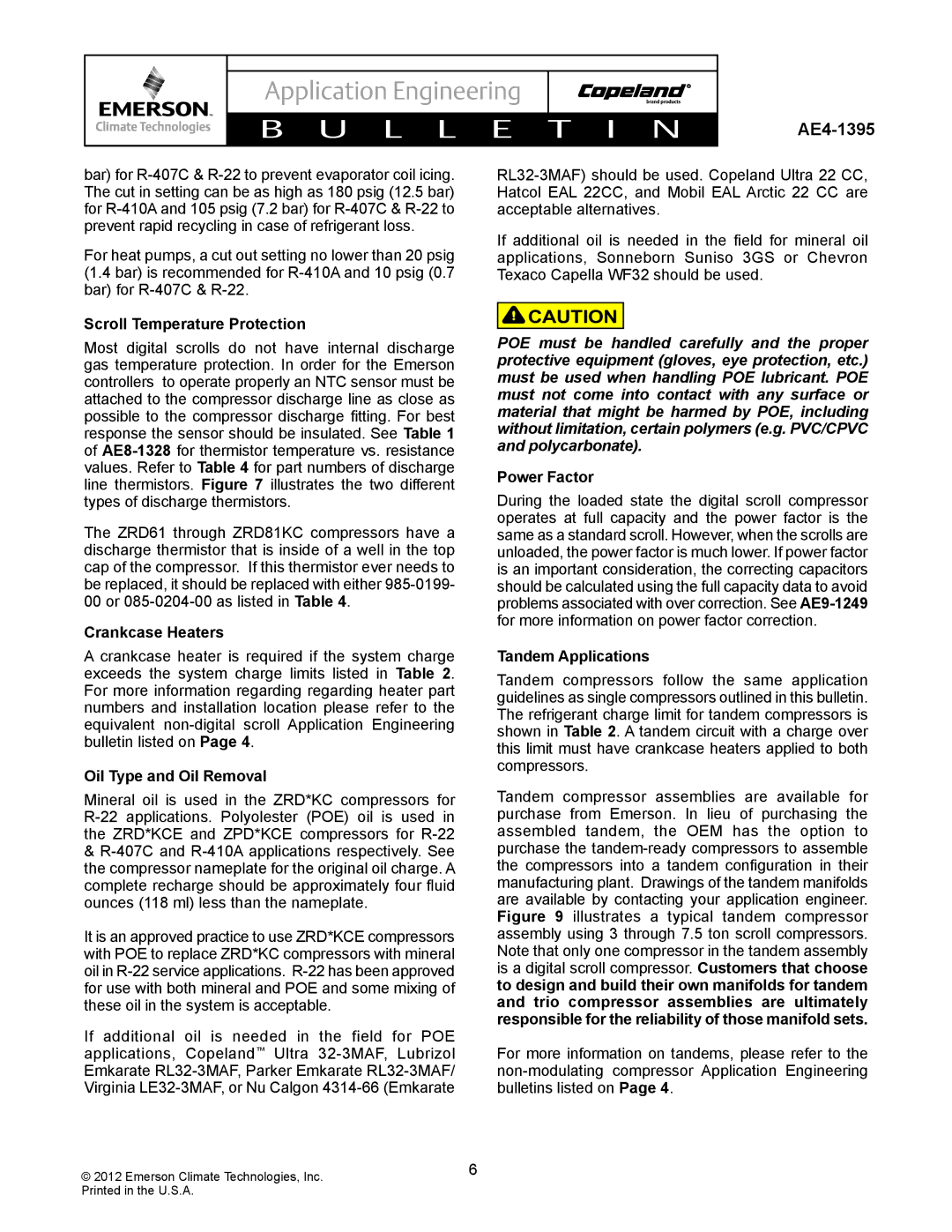 Emerson AE4-1395 manual Scroll Temperature Protection, Crankcase Heaters, Oil Type and Oil Removal, Power Factor 