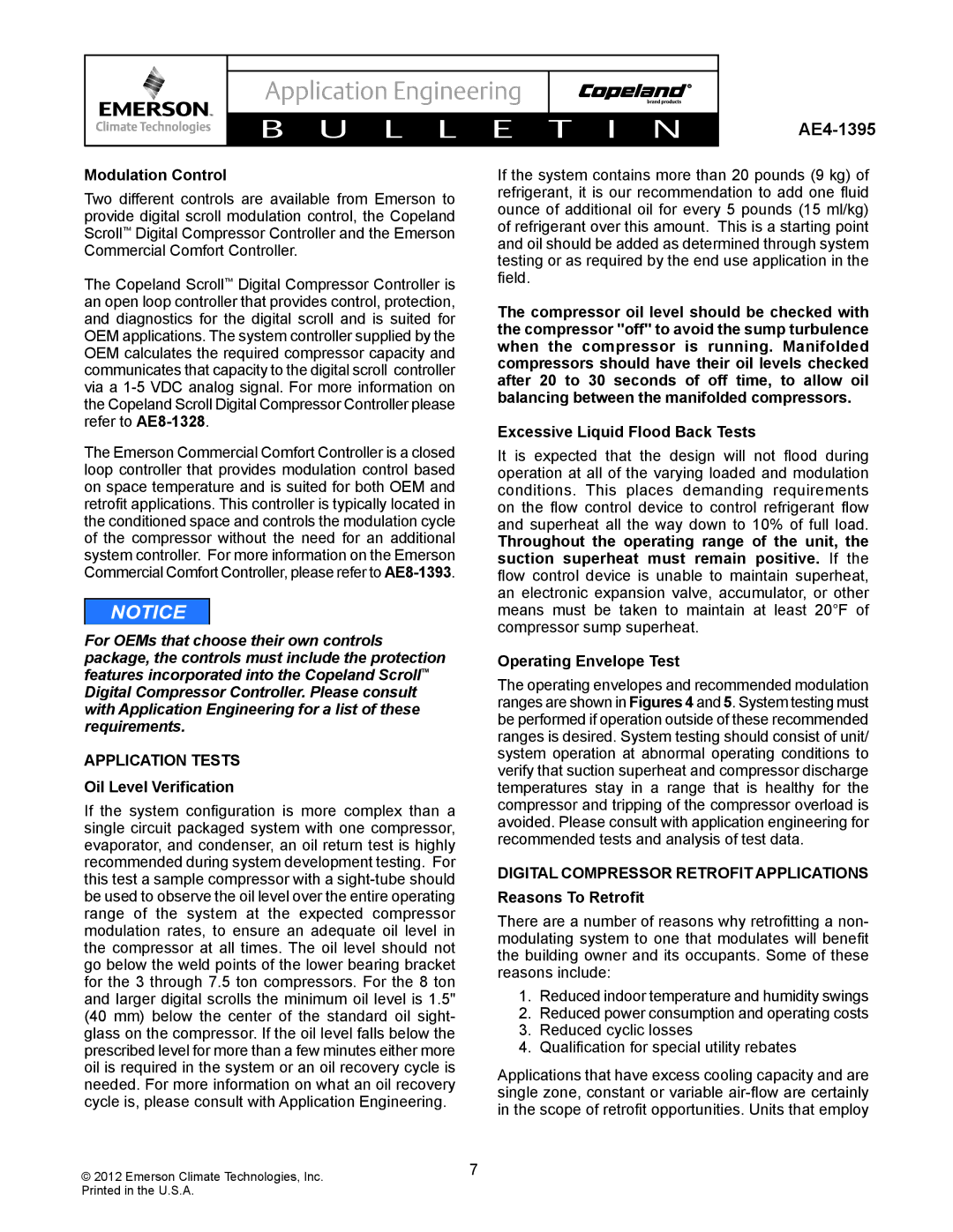 Emerson AE4-1395 Modulation Control, Application Tests, Oil Level Verification, Digital Compressor Retrofit Applications 