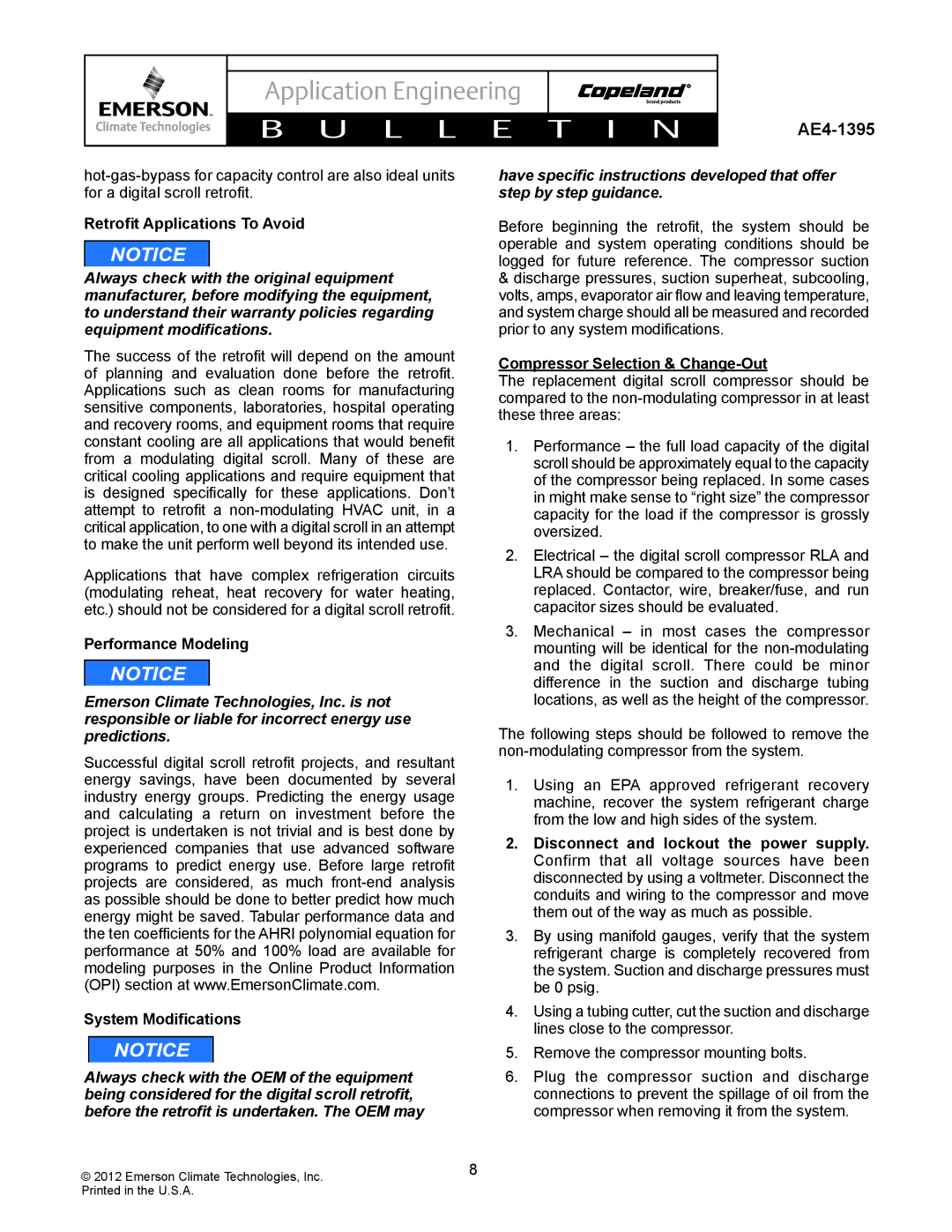 Emerson AE4-1395 manual Retrofit Applications To Avoid, Performance Modeling, System Modifications 