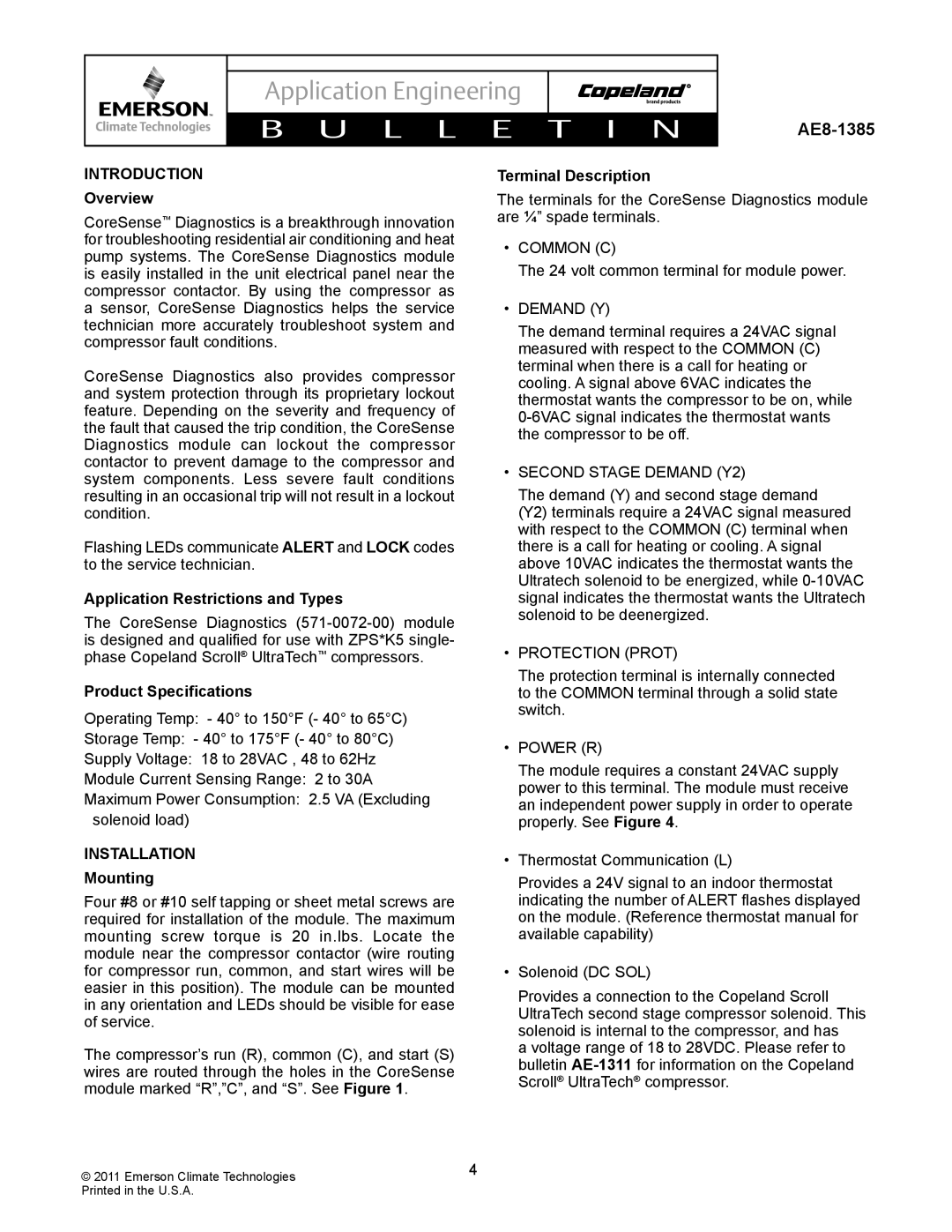 Emerson AE8-1385 specifications Introduction, Installation 