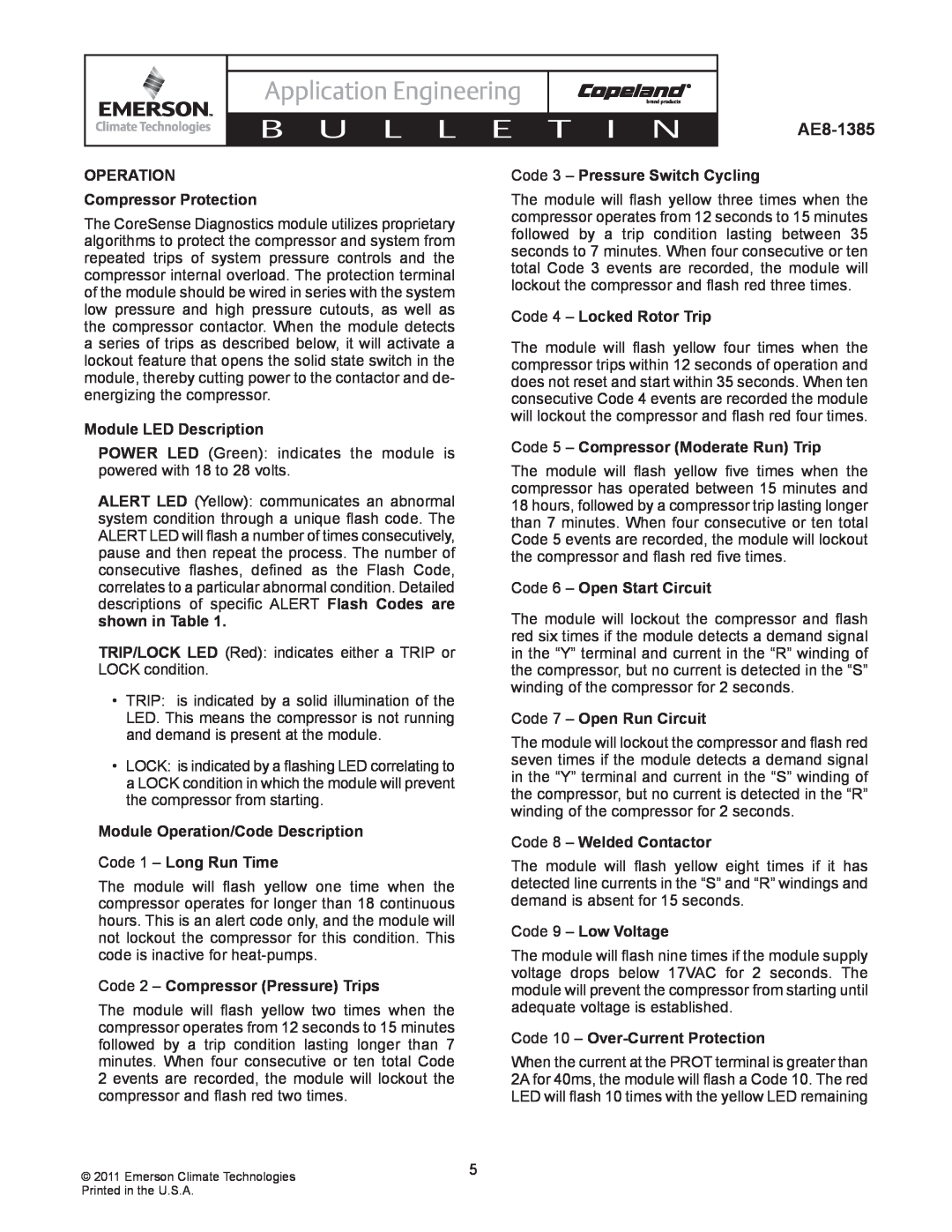 Emerson AE8-1385 OPERATION Compressor Protection, Module LED Description, Module Operation/Code Description, B U L L E 