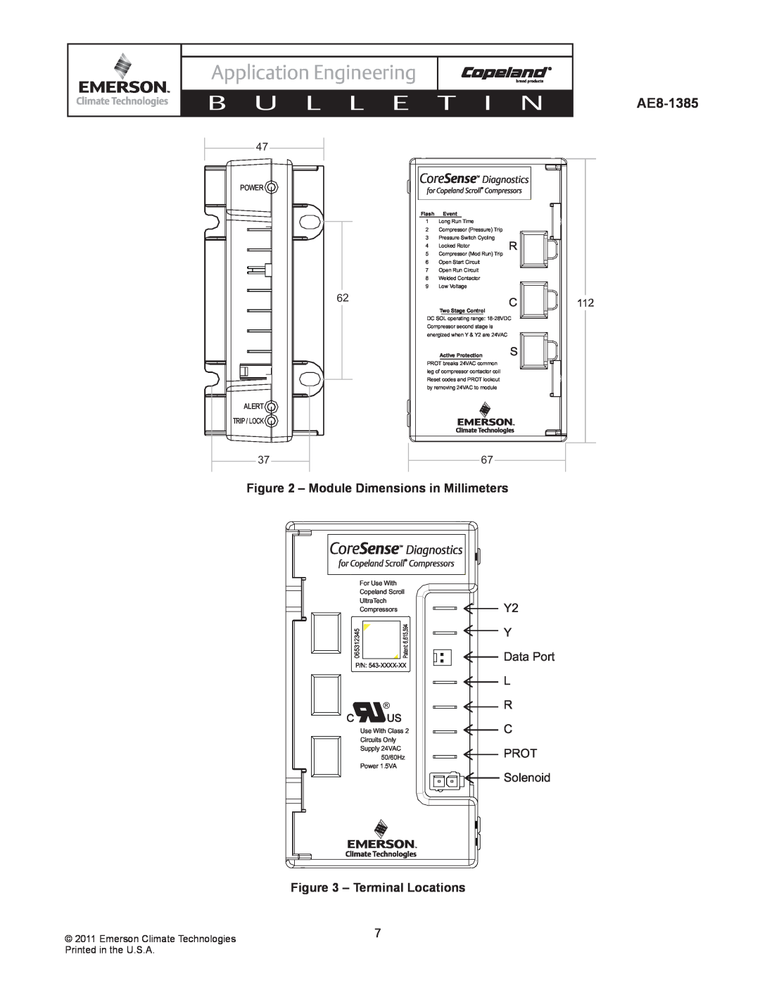 Emerson AE8-1385 Module Dimensions in Millimeters, Terminal Locations, Application Engineering, B U L L E, Power 