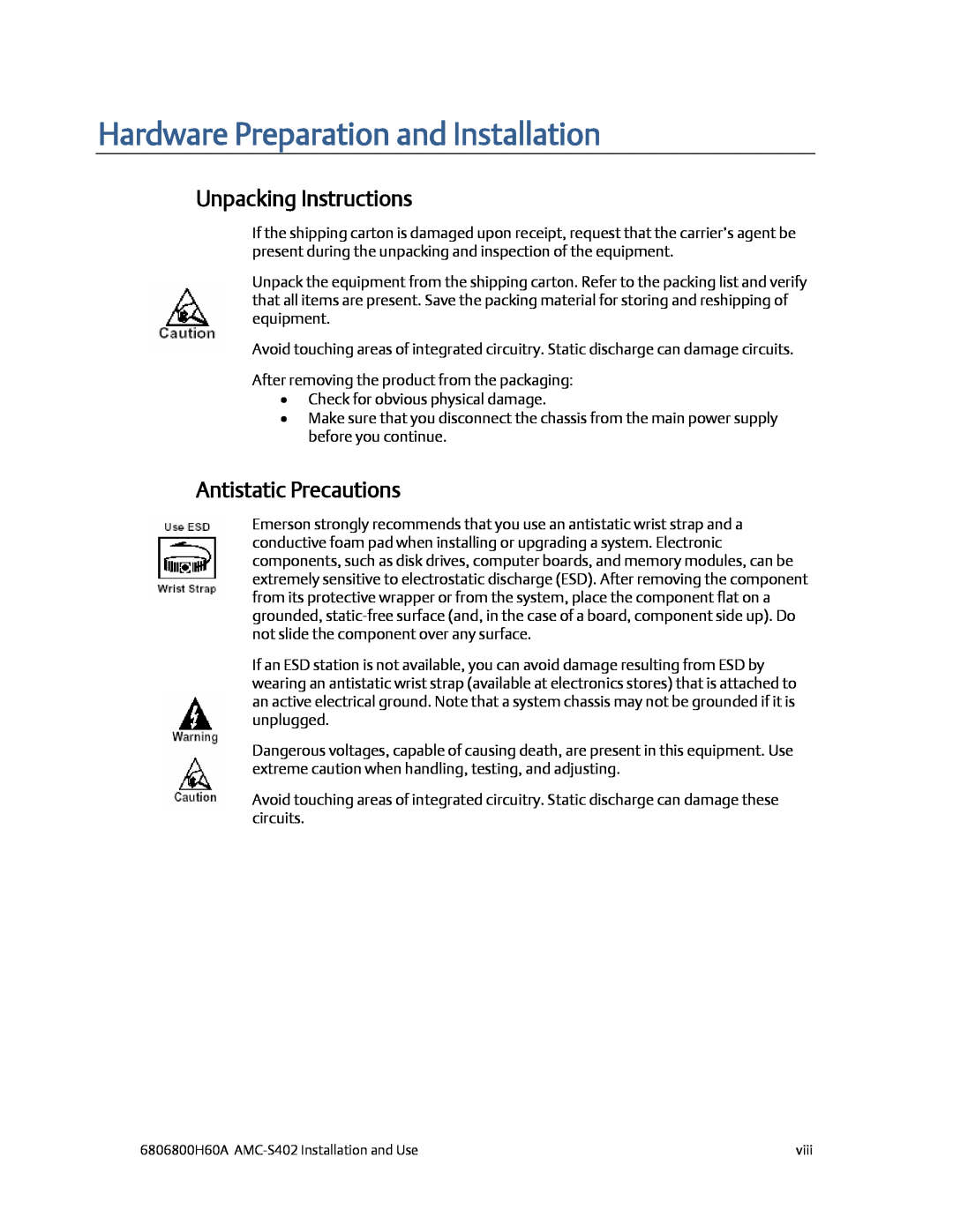 Emerson AMC-S402 manual Hardware Preparation and Installation, Unpacking Instructions, Antistatic Precautions 