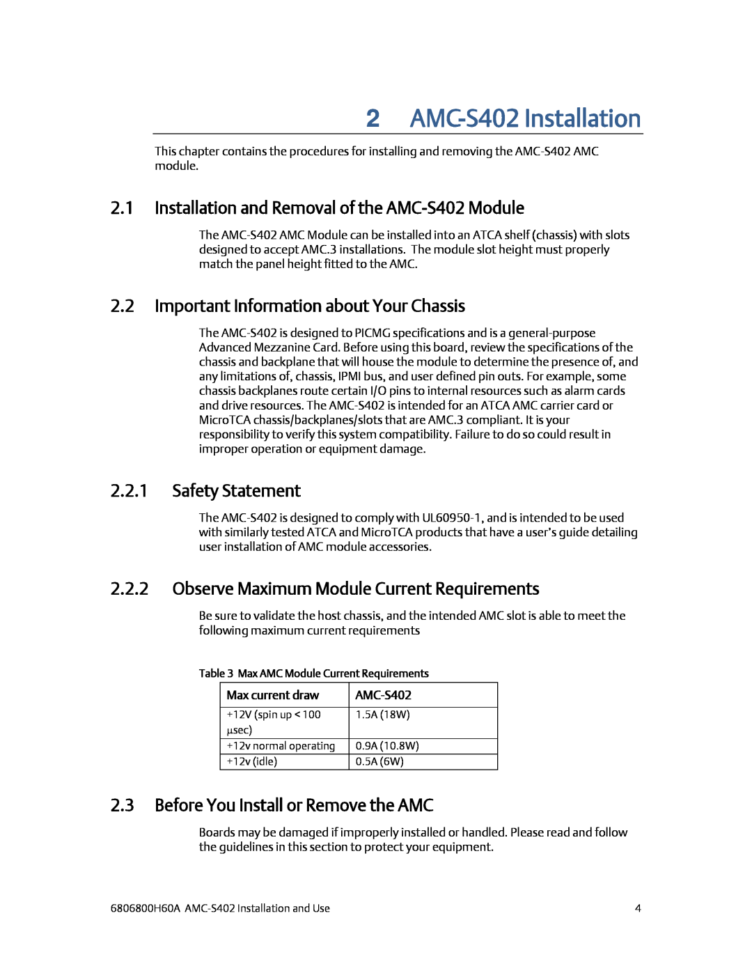 Emerson manual AMC-S402 Installation, Installation and Removal of the AMC-S402 Module, Safety Statement 