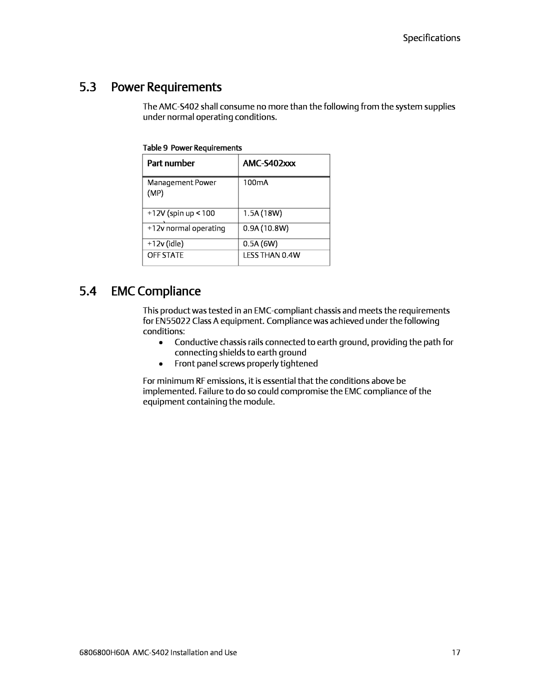 Emerson manual Power Requirements, EMC Compliance, Specifications, Part number, AMC-S402xxx 