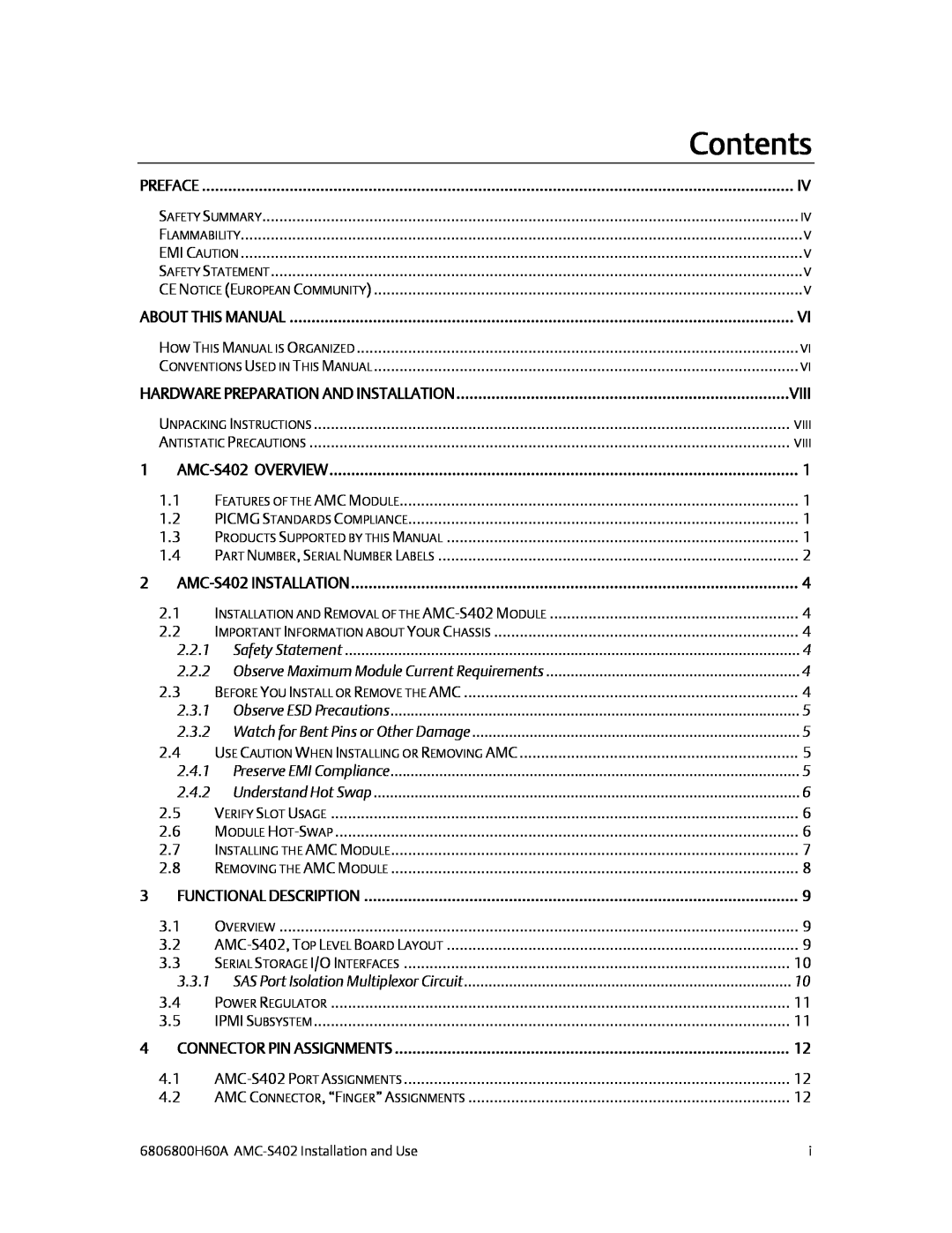 Emerson AMC-S402 manual Contents, 2.2.1, 2.3.1, 2.4.1, 2.4.2 
