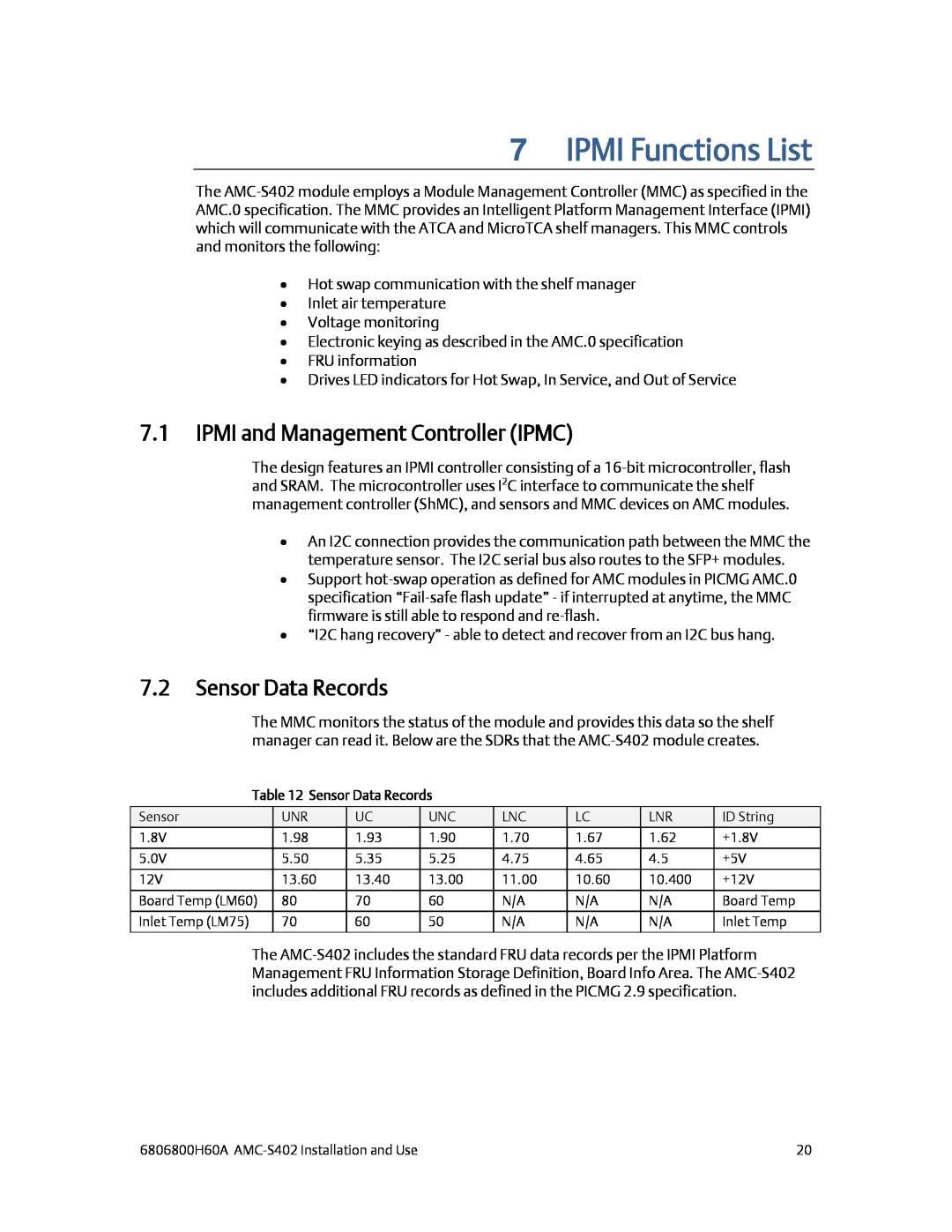 Emerson AMC-S402 manual IPMI Functions List, IPMI and Management Controller IPMC, Sensor Data Records 