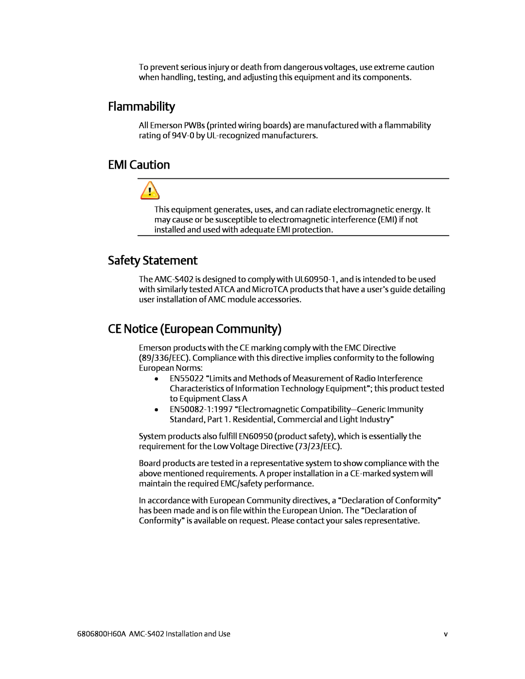 Emerson AMC-S402 manual Flammability, EMI Caution, Safety Statement, CE Notice European Community 