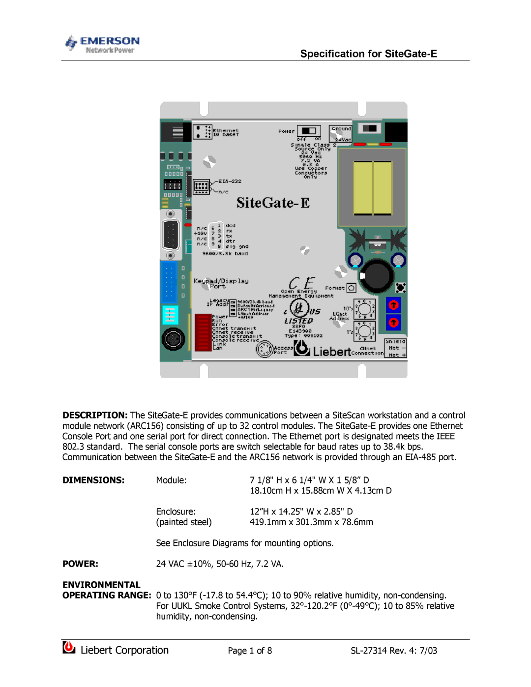 Emerson ARC156 dimensions Dimensions, Power, Environmental 