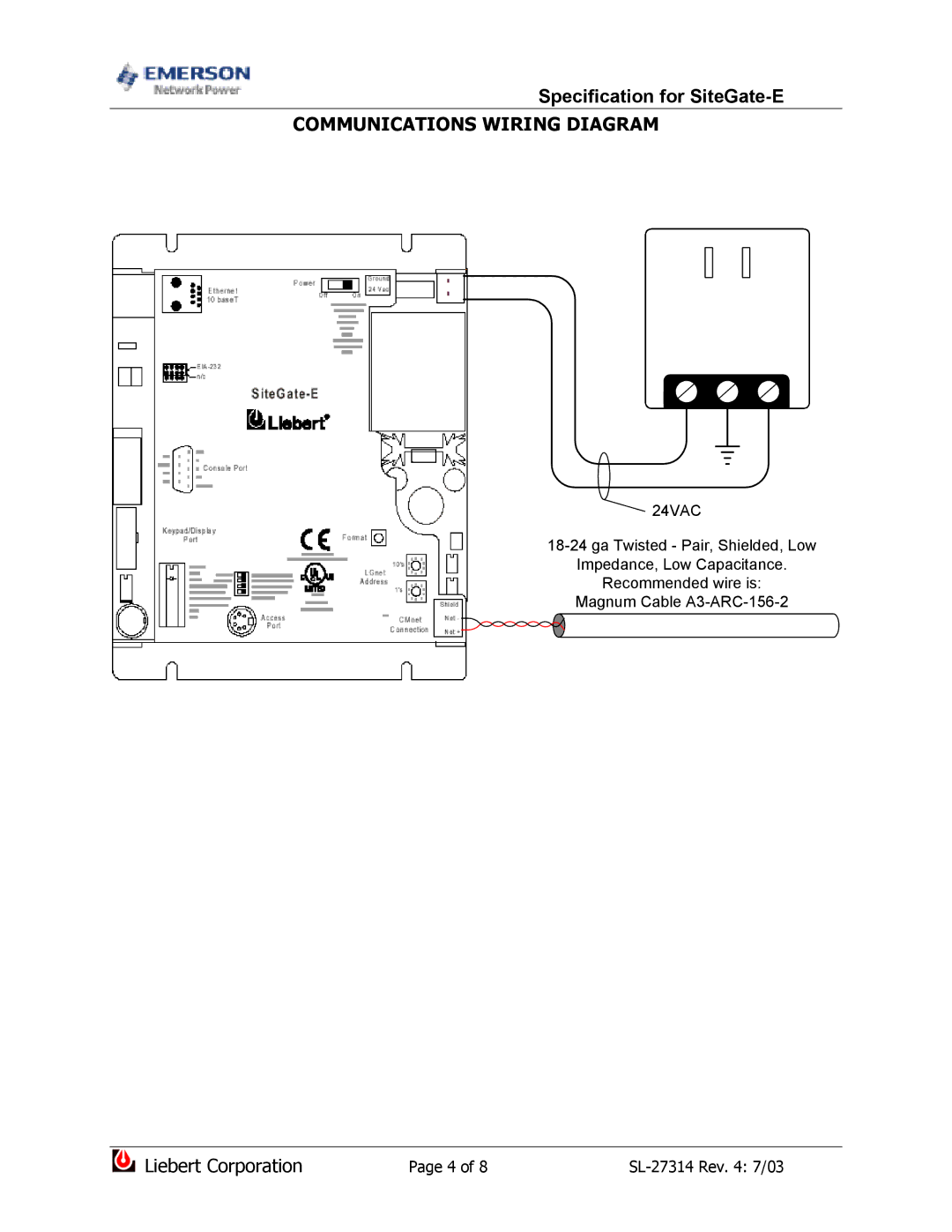 Emerson ARC156 dimensions Communications Wiring Diagram, 24VAC 