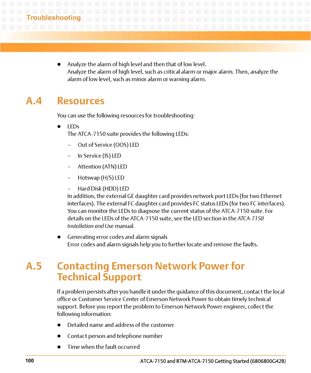 Emerson RTM-ATCA-7150 manual Resources, Contacting Emerson Network Power for Technical Support, Troubleshooting, 100 