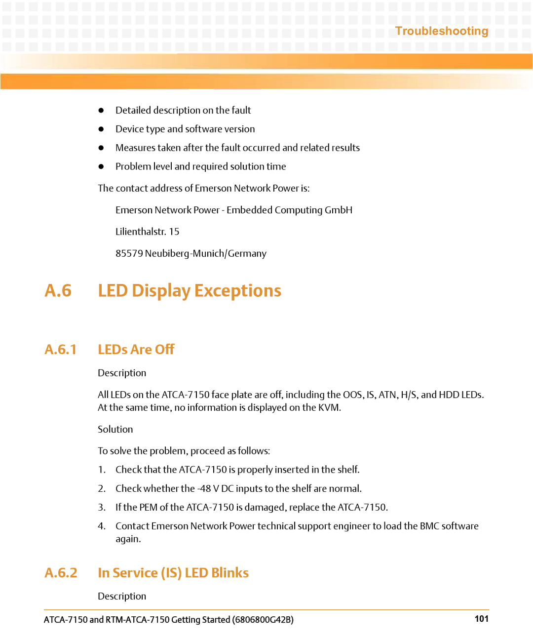 Emerson RTM-ATCA-7150 manual LED Display Exceptions, LEDs Are Off, Service is LED Blinks 