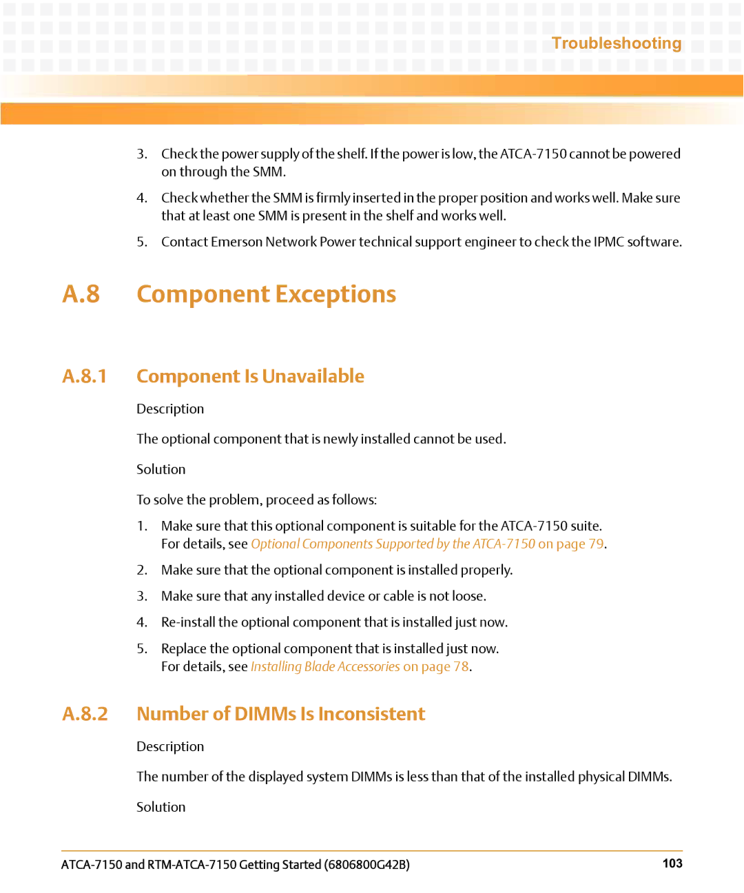 Emerson RTM-ATCA-7150 manual Component Exceptions, Component Is Unavailable, Number of DIMMs Is Inconsistent 