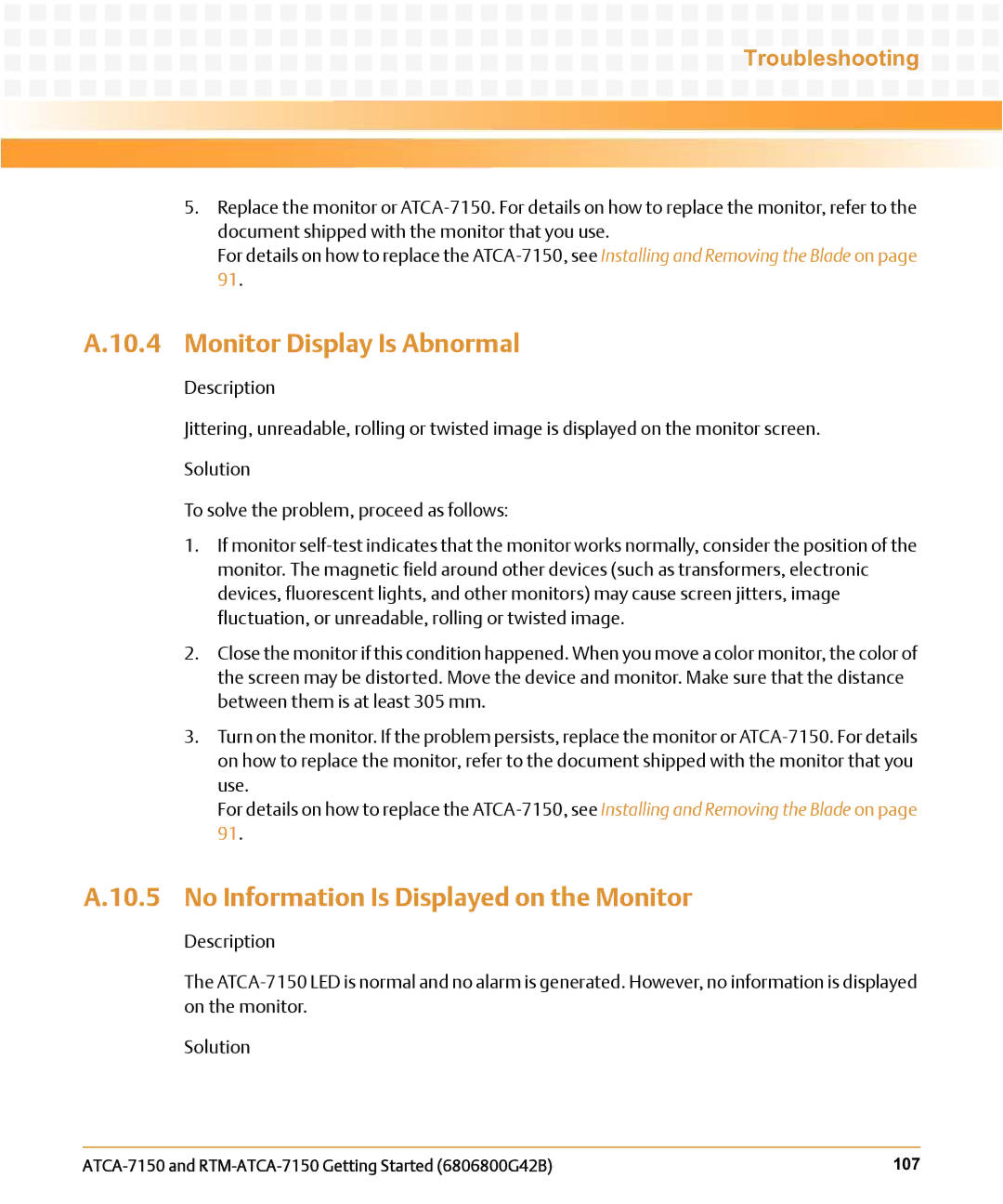 Emerson RTM-ATCA-7150 manual Monitor Display Is Abnormal, No Information Is Displayed on the Monitor 