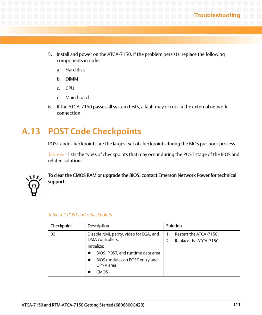 Emerson RTM-ATCA-7150 manual Post Code Checkpoints, Table A-1 Post code checkpoints, Checkpoint Description Solution 