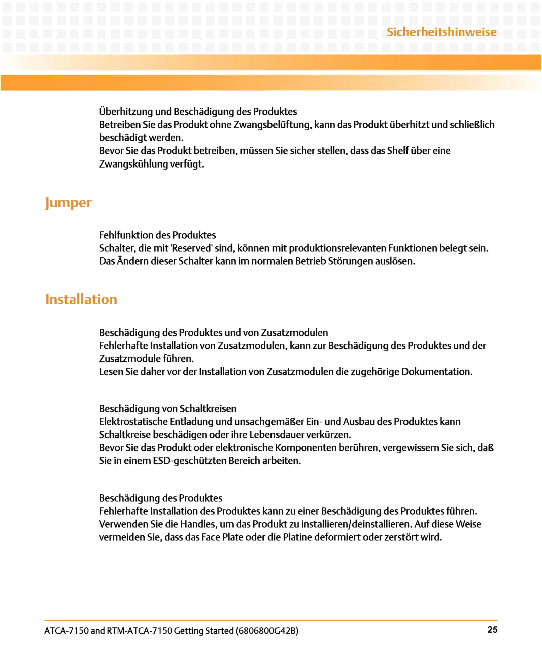 Emerson RTM-ATCA-7150 manual Jumper, Fehlfunktion des Produktes 