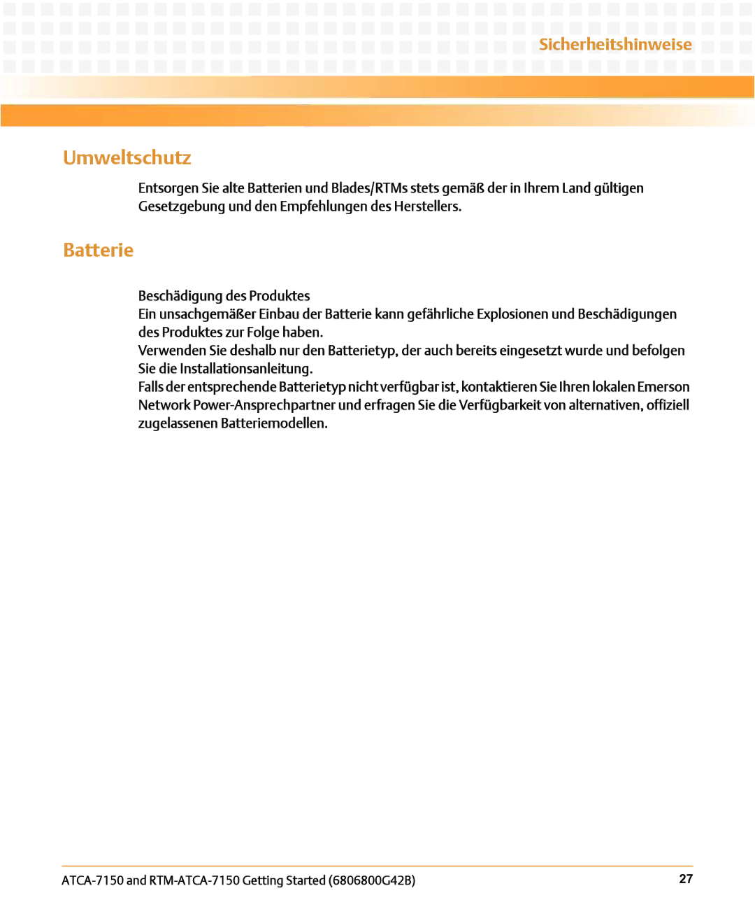 Emerson RTM-ATCA-7150 manual Umweltschutz, Batterie 