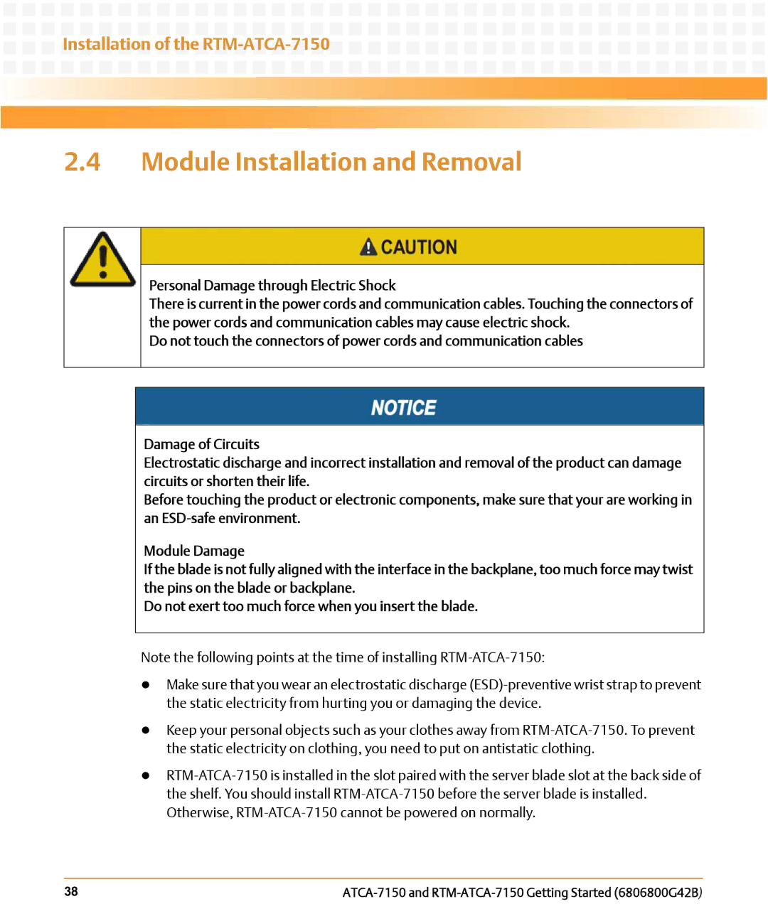 Emerson RTM-ATCA-7150 manual Module Installation and Removal, Personal Damage through Electric Shock 