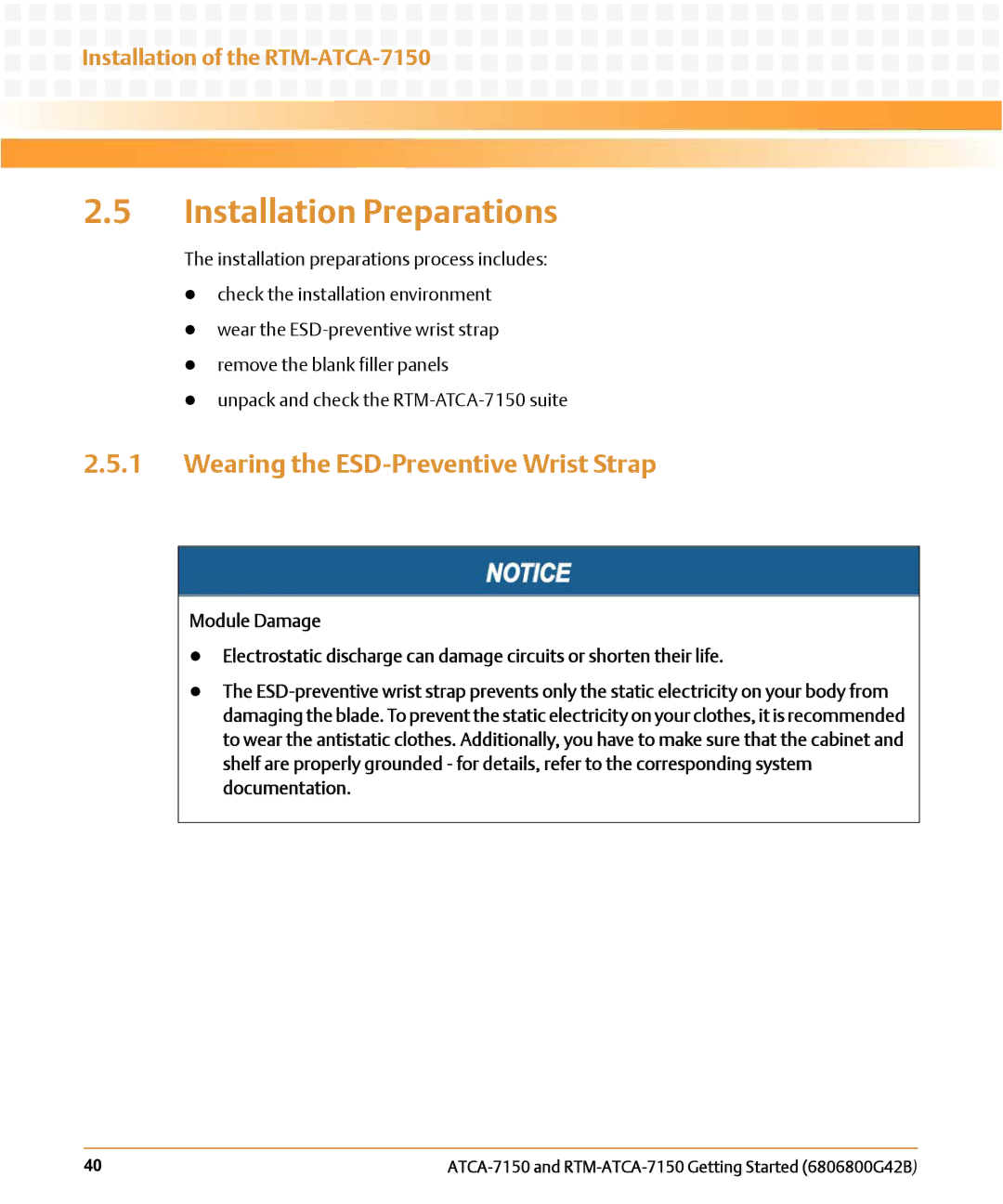 Emerson RTM-ATCA-7150 manual Installation Preparations, Wearing the ESD-Preventive Wrist Strap 