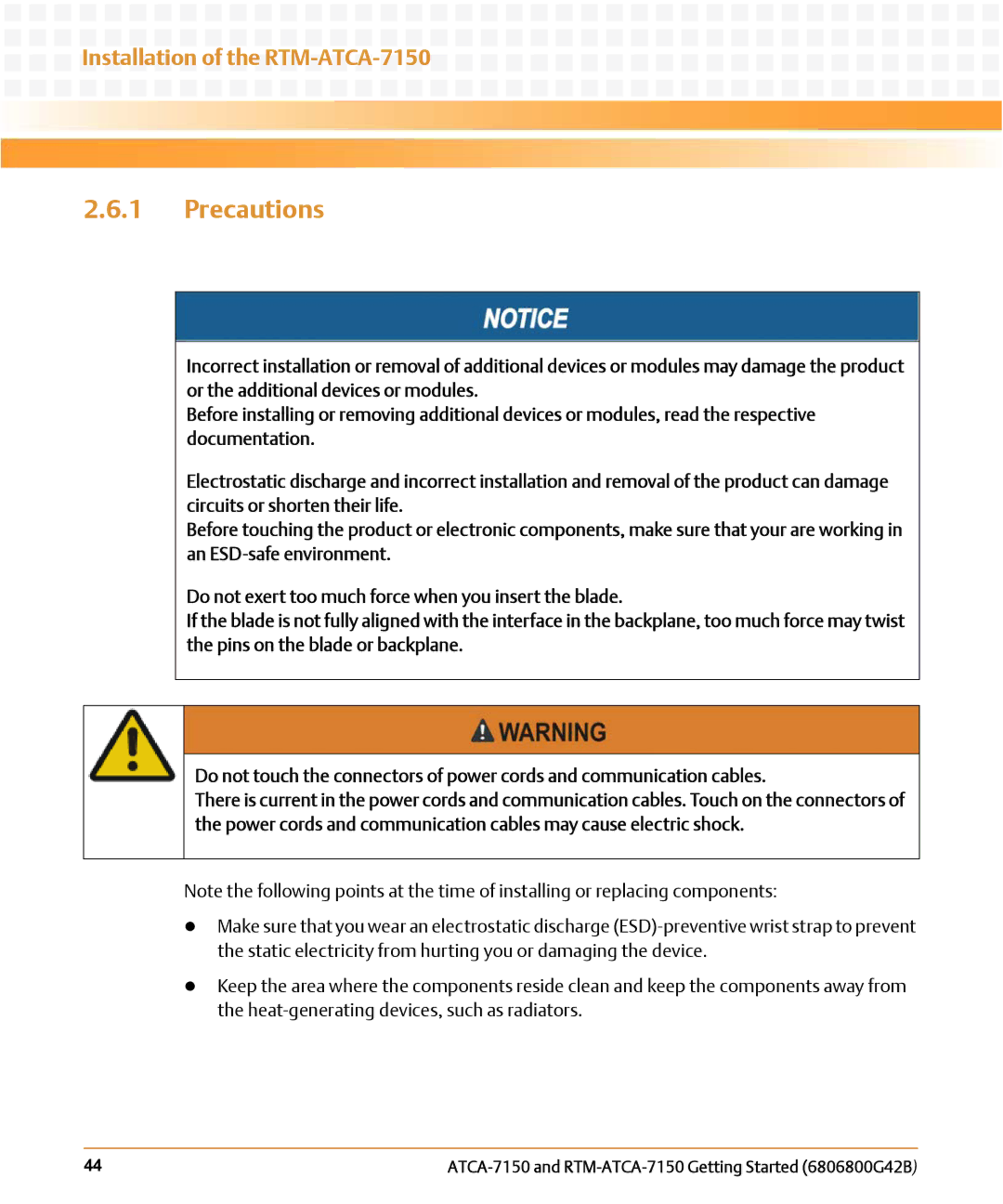 Emerson RTM-ATCA-7150 manual Precautions 