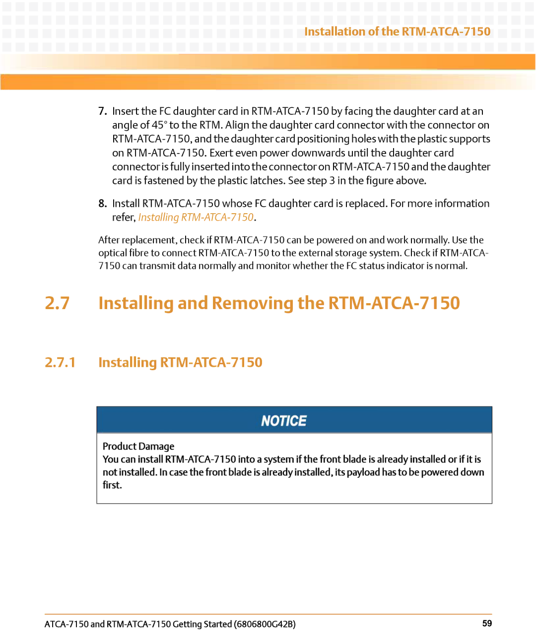 Emerson manual Installing and Removing the RTM-ATCA-7150, Installing RTM-ATCA-7150 