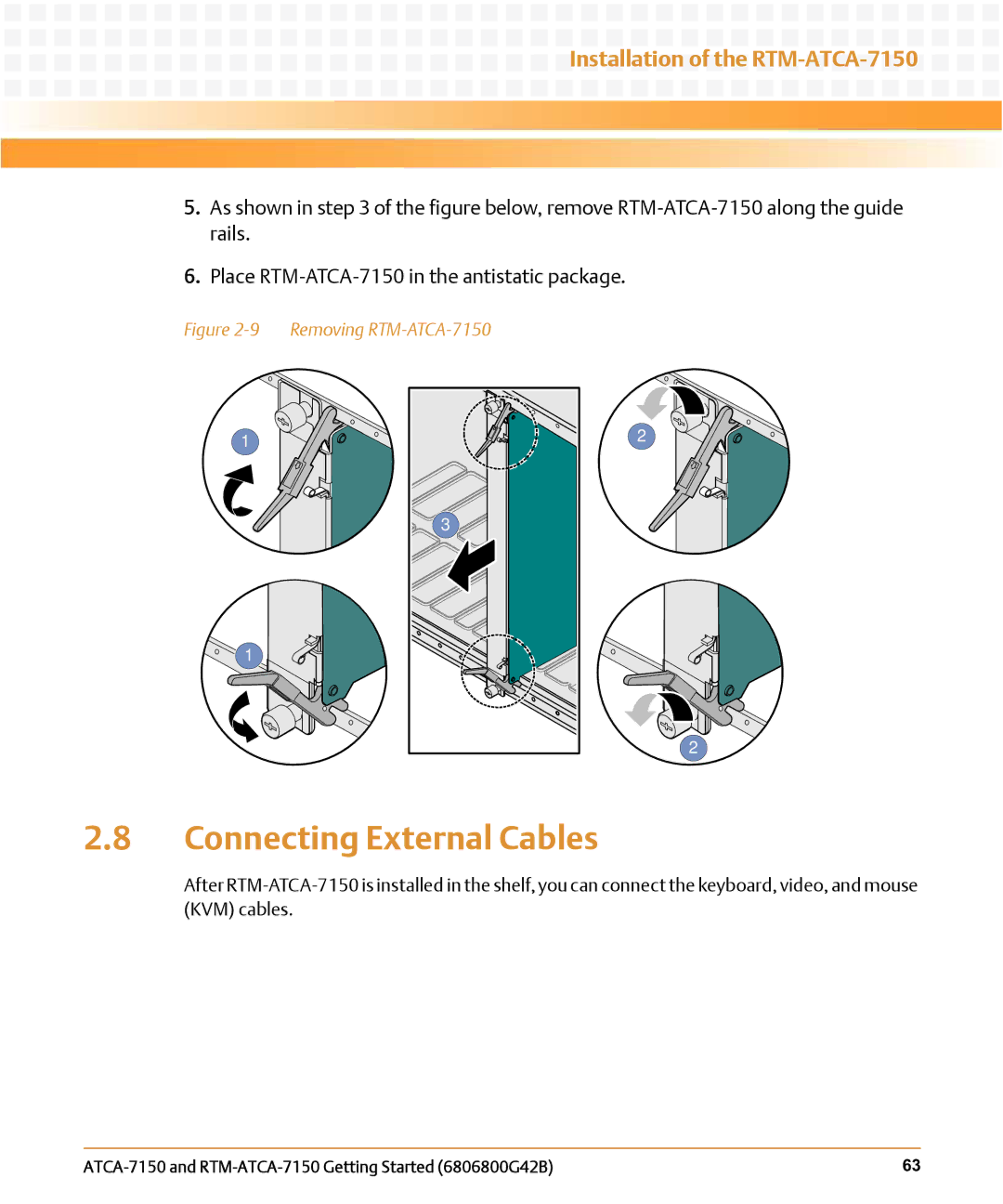 Emerson manual Connecting External Cables, Removing RTM-ATCA-7150 