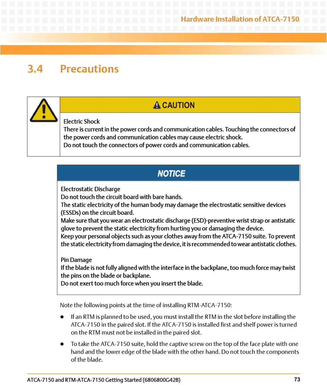 Emerson RTM-ATCA-7150 manual Precautions, Electric Shock 